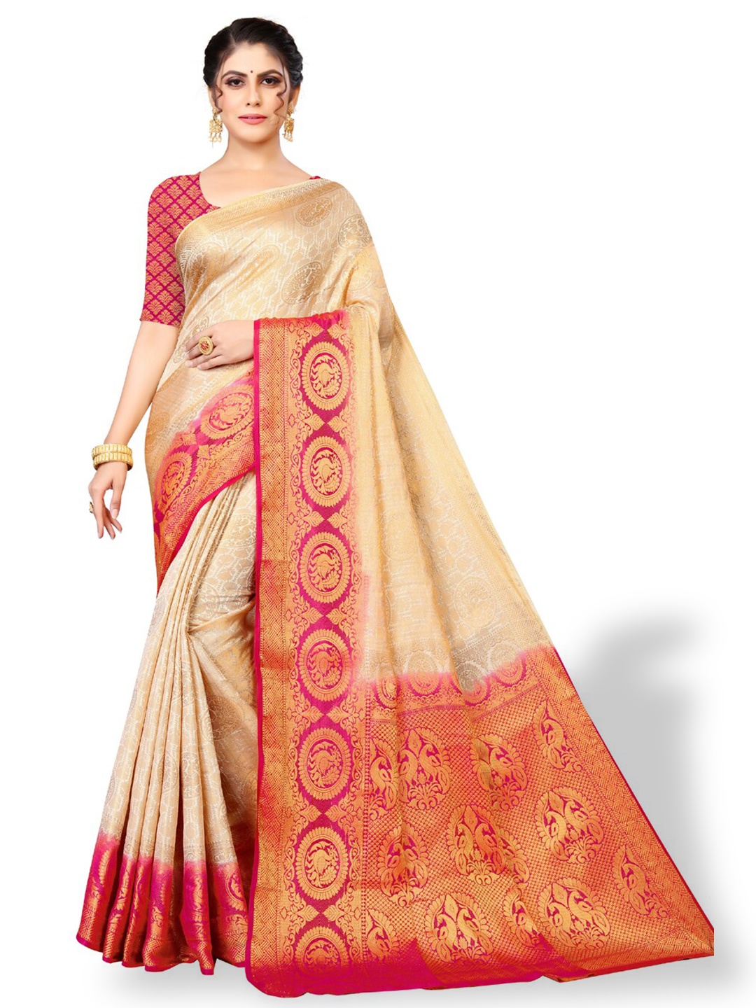 

ZEEPKART Ethnic Motif Woven Design Zari Kanjeevaram Saree, White