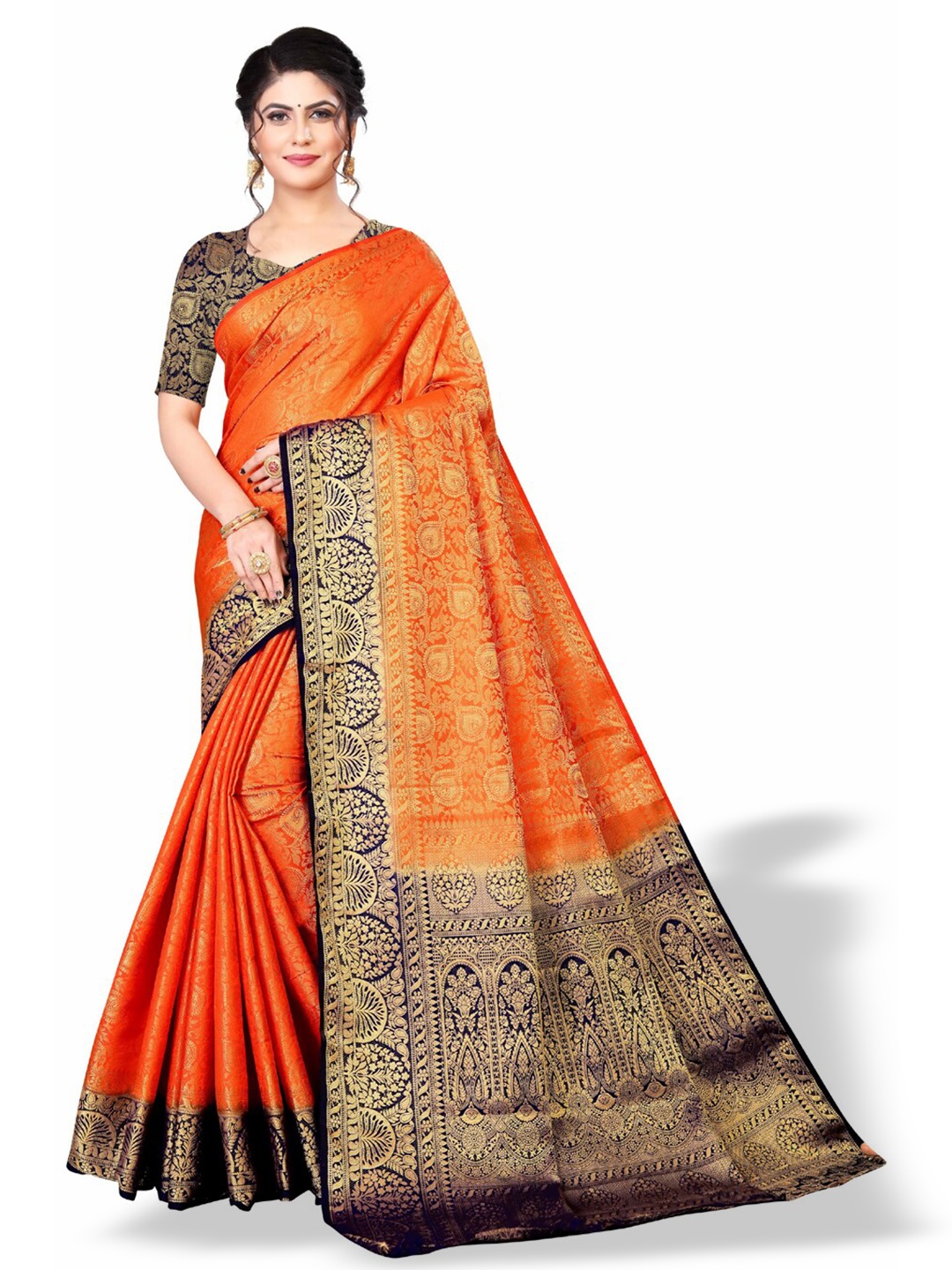 

ZEEPKART Floral Woven Design Zari Kanjeevaram Saree, Orange