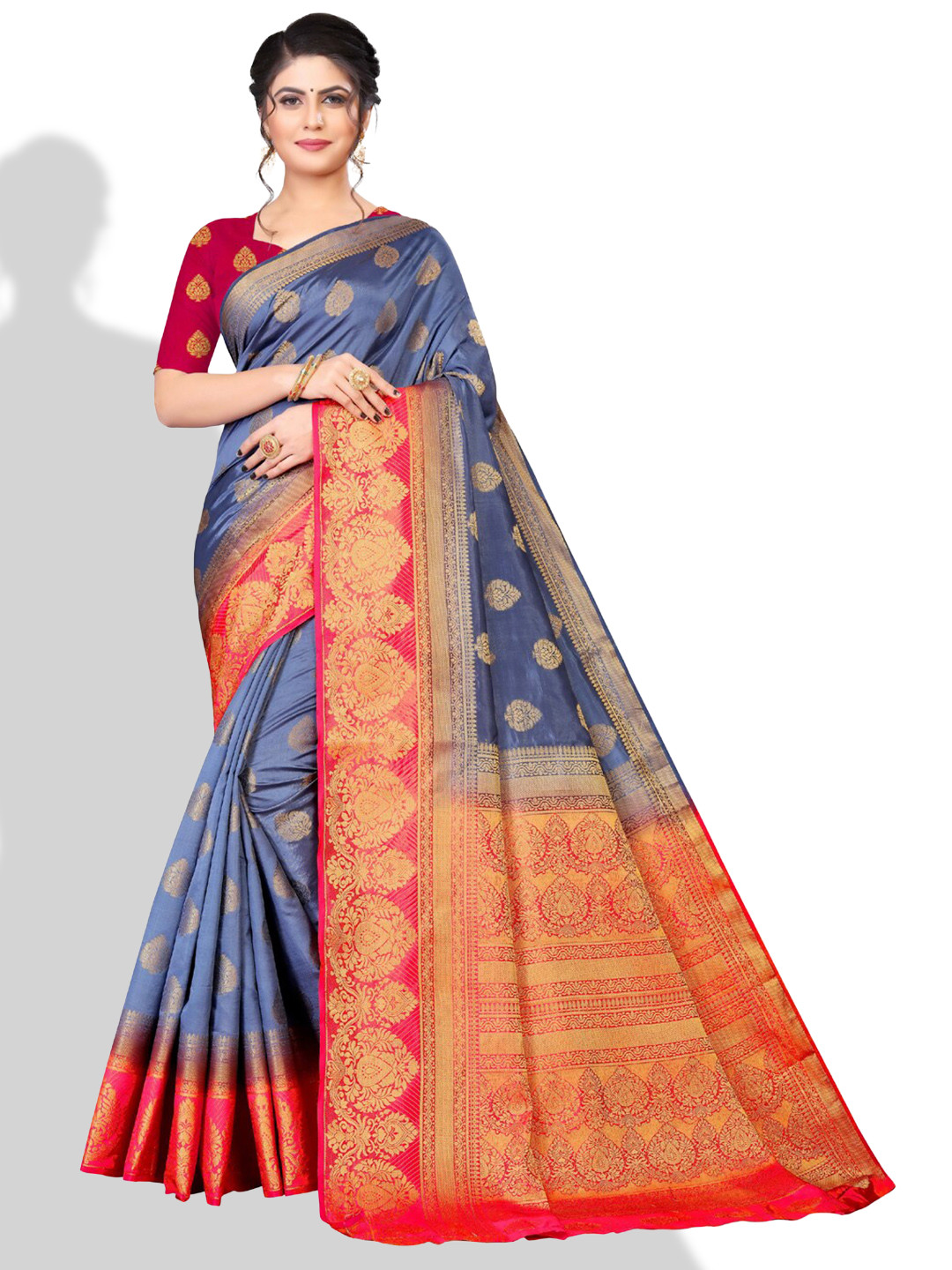 

ZEEPKART Ethnic Motifs Woven Design Zari Kanjeevaram Saree, Grey