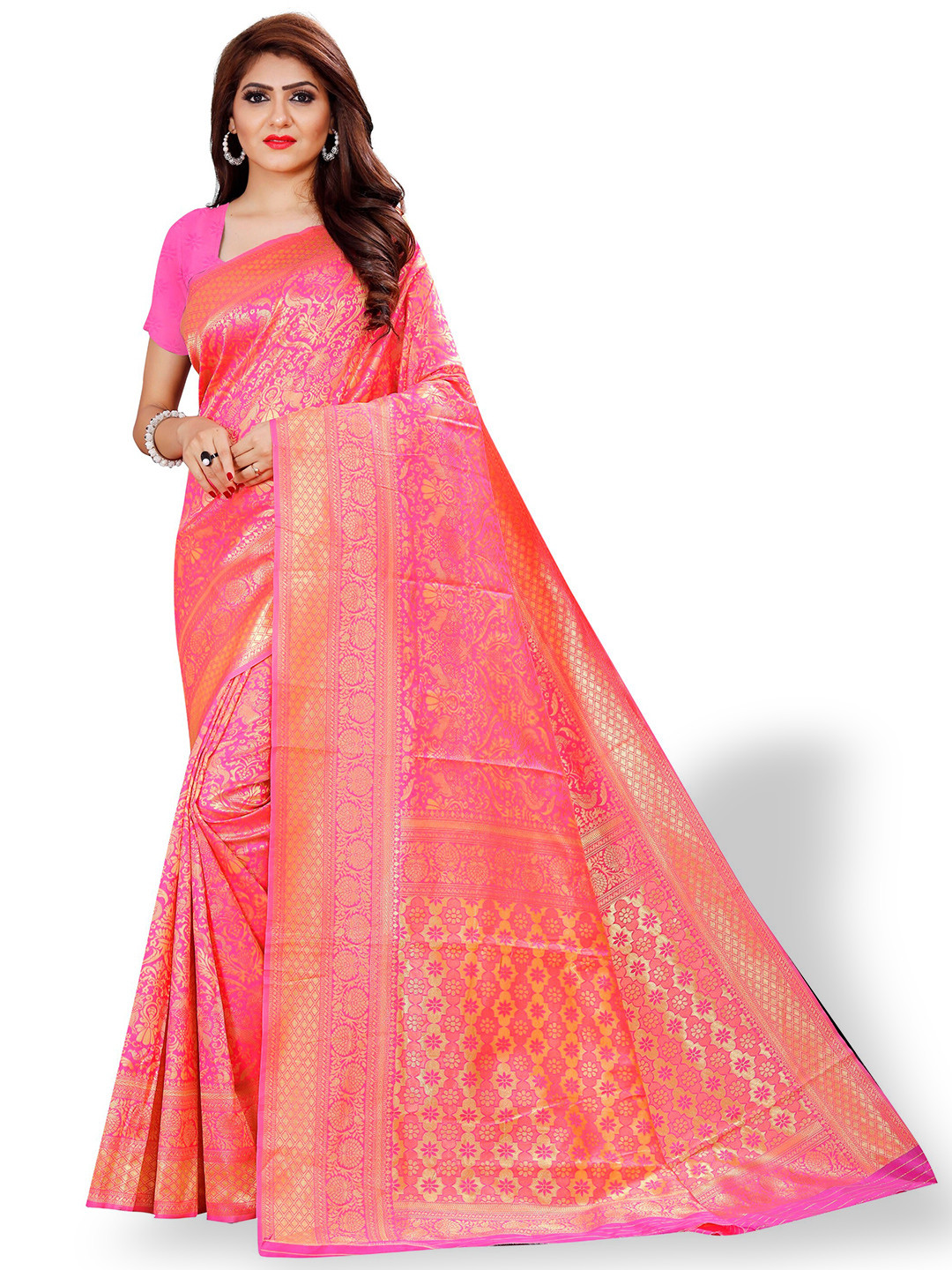 

ZEEPKART Ethnic Motif Woven Design Zari Kanjeevaram Saree, Pink