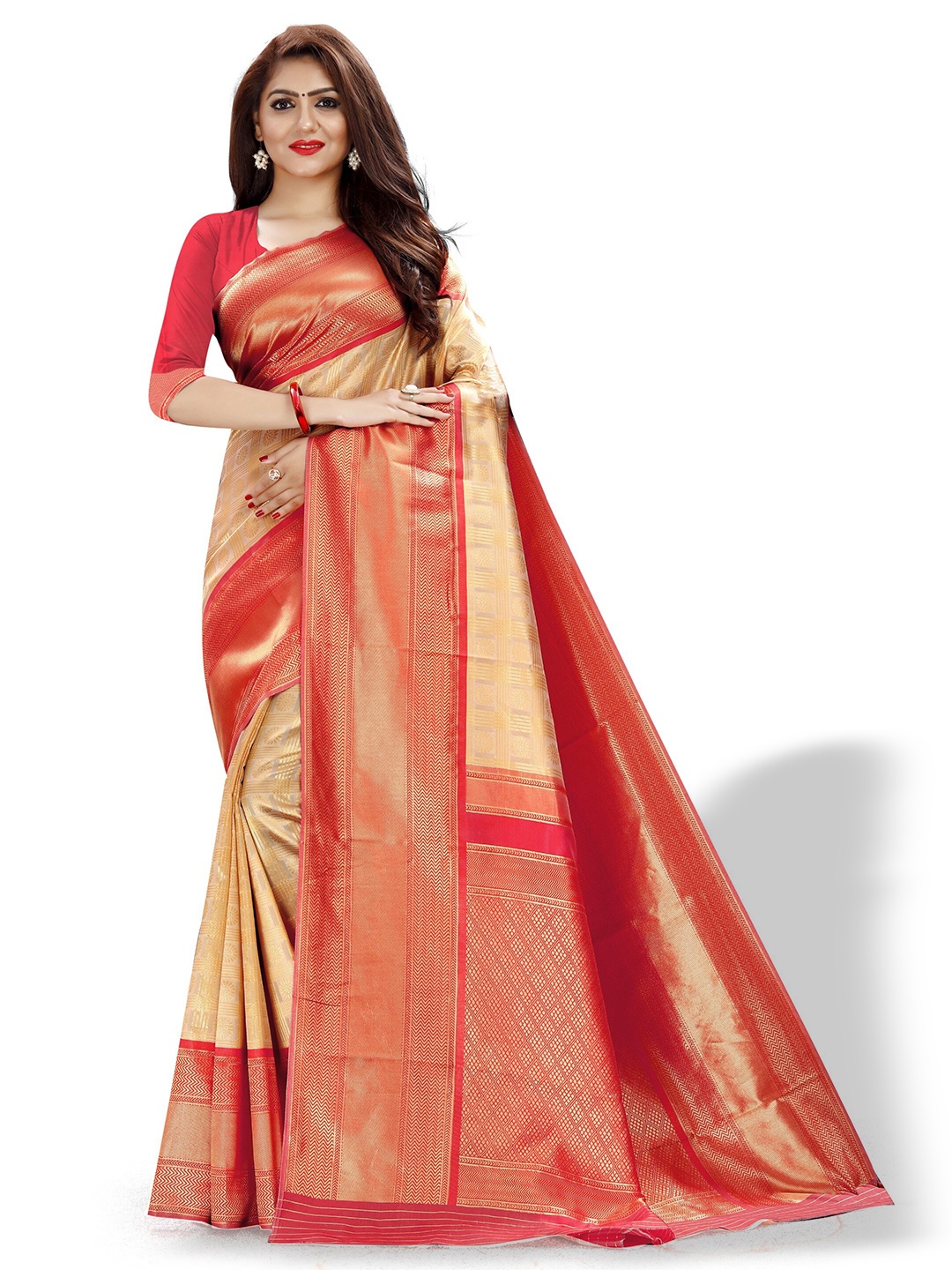 

ZEEPKART Ethnic Motifs Woven Design Zari Kanjeevaram Saree, Cream