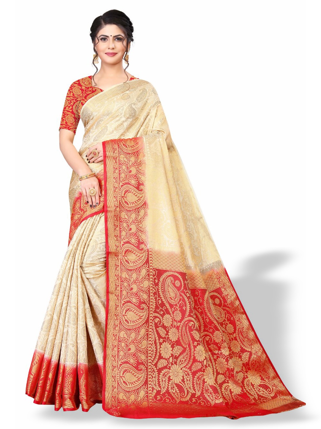 

ZEEPKART Paisley Woven Design Zari Kanjeevaram Saree, White