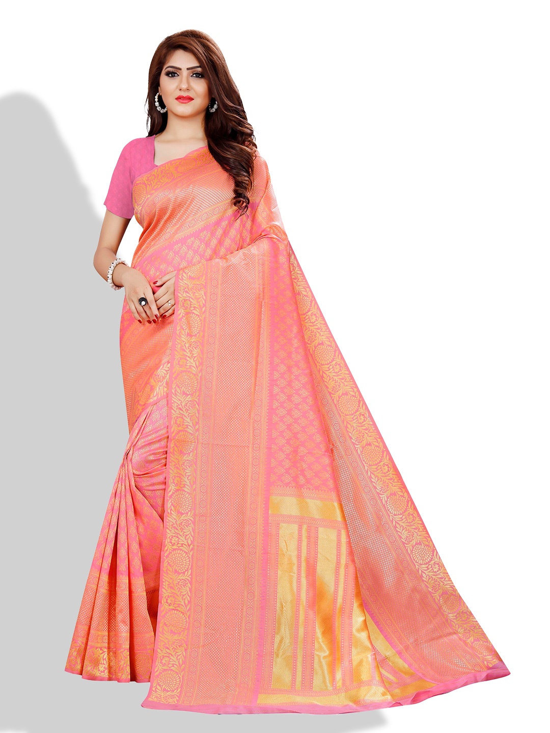 

ZEEPKART Ethnic Motifs Woven Design Zari Kanjeevaram Saree, Pink