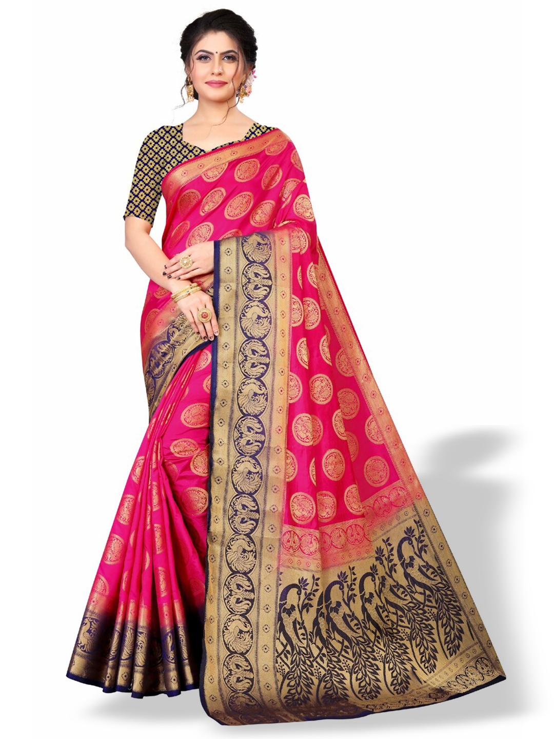 

ZEEPKART Ethnic Motifs Woven Design Zari Kanjeevaram Saree, Pink