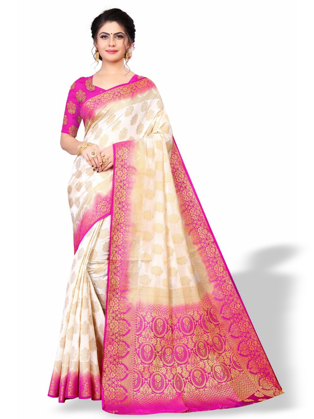 

ZEEPKART Woven Design Zari Kanjeevaram Saree, White