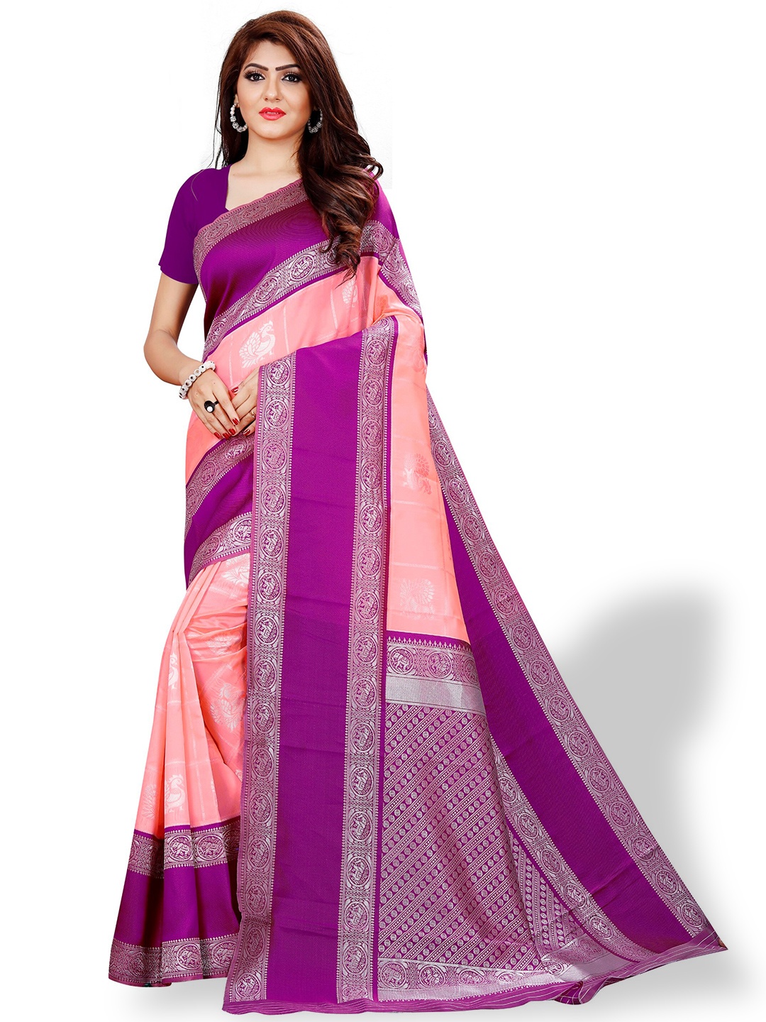 

ZEEPKART Ethnic Motif Woven Design Kanjeevaram Saree, Pink