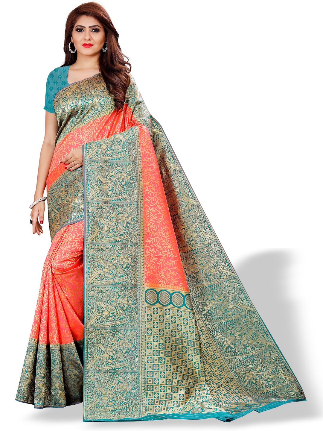 

ZEEPKART Ethnic Motifs Printed Woven Design Zari Kanjeevaram Saree, Pink
