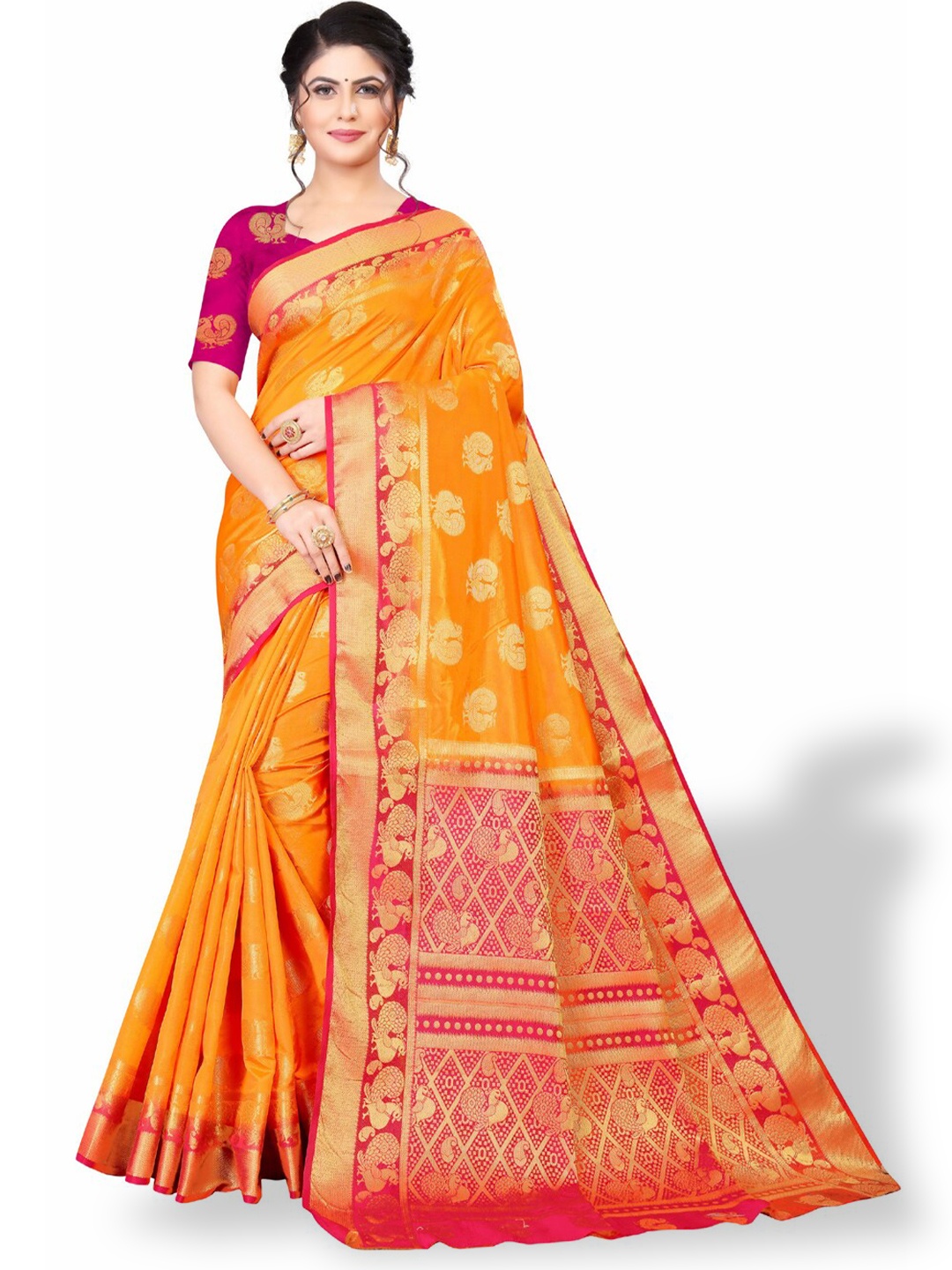

ZEEPKART Ethnic Woven Design Zari Kanjeevaram Saree, Orange