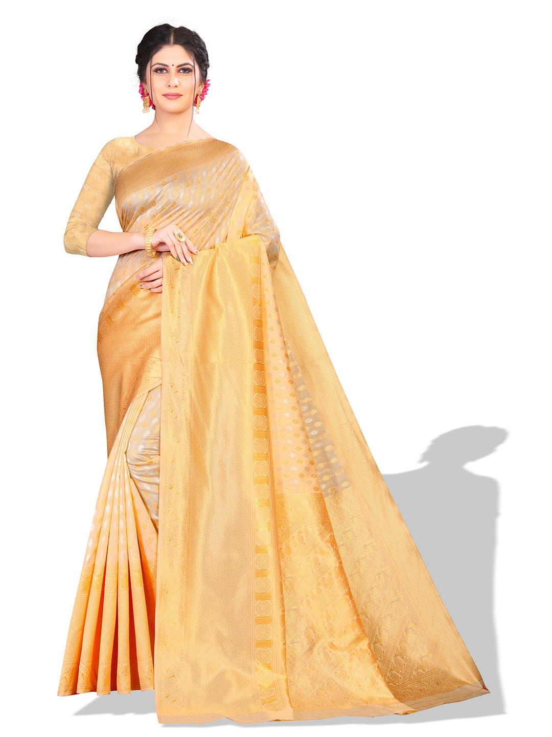 

ZEEPKART Woven Design Zari Kanjeevaram Saree, Cream