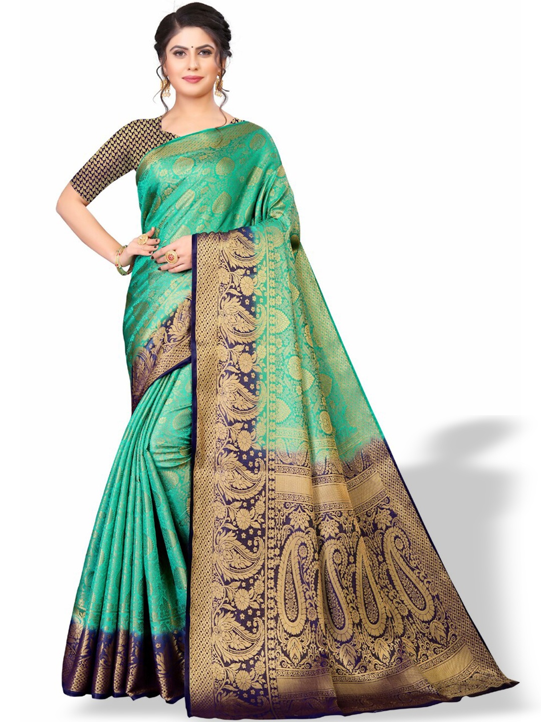 

ZEEPKART Ethnic Motifs Woven Design Zari Kanjeevaram Saree, Green