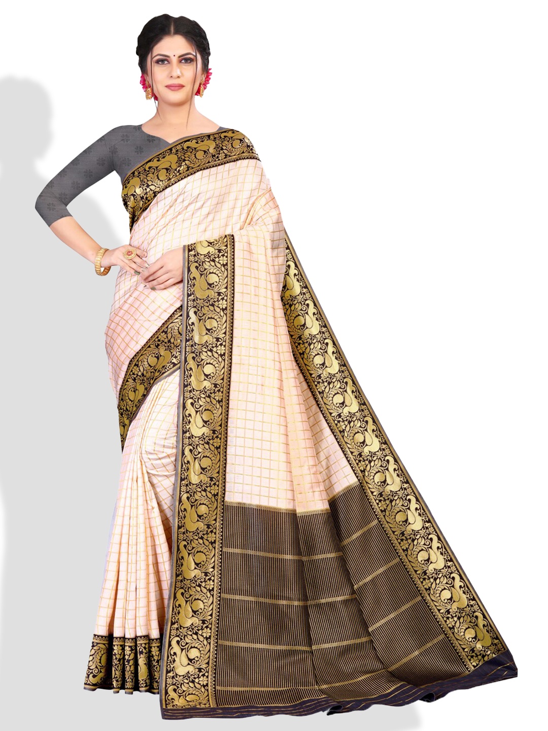 

ZEEPKART Ethnic Motifs Woven Design Zari Kanjeevaram Saree, White