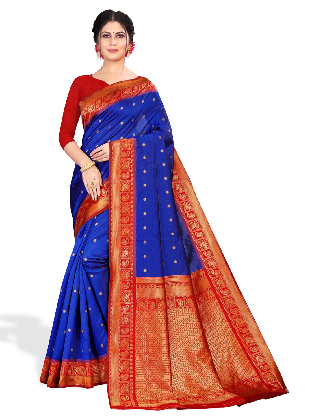 

ZEEPKART Ethnic Motifs Woven Design Poly Silk Kanjeevaram Saree, Blue