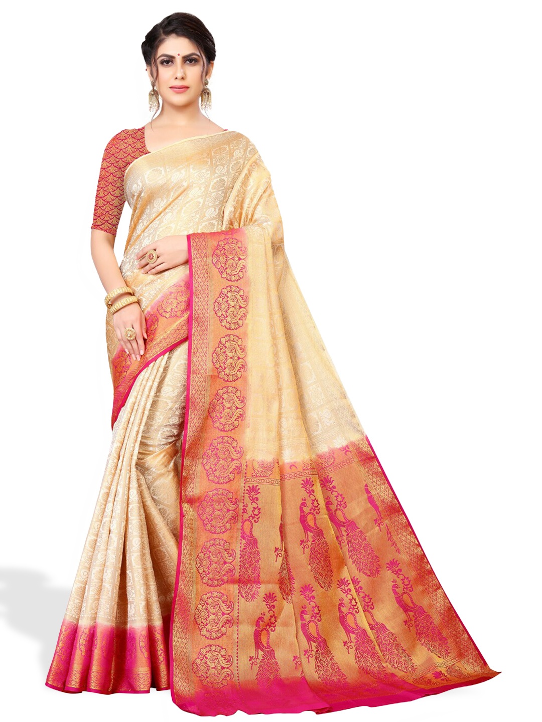 

ZEEPKART Ethnic Motifs Woven Design Zari Kanjeevaram Saree, White