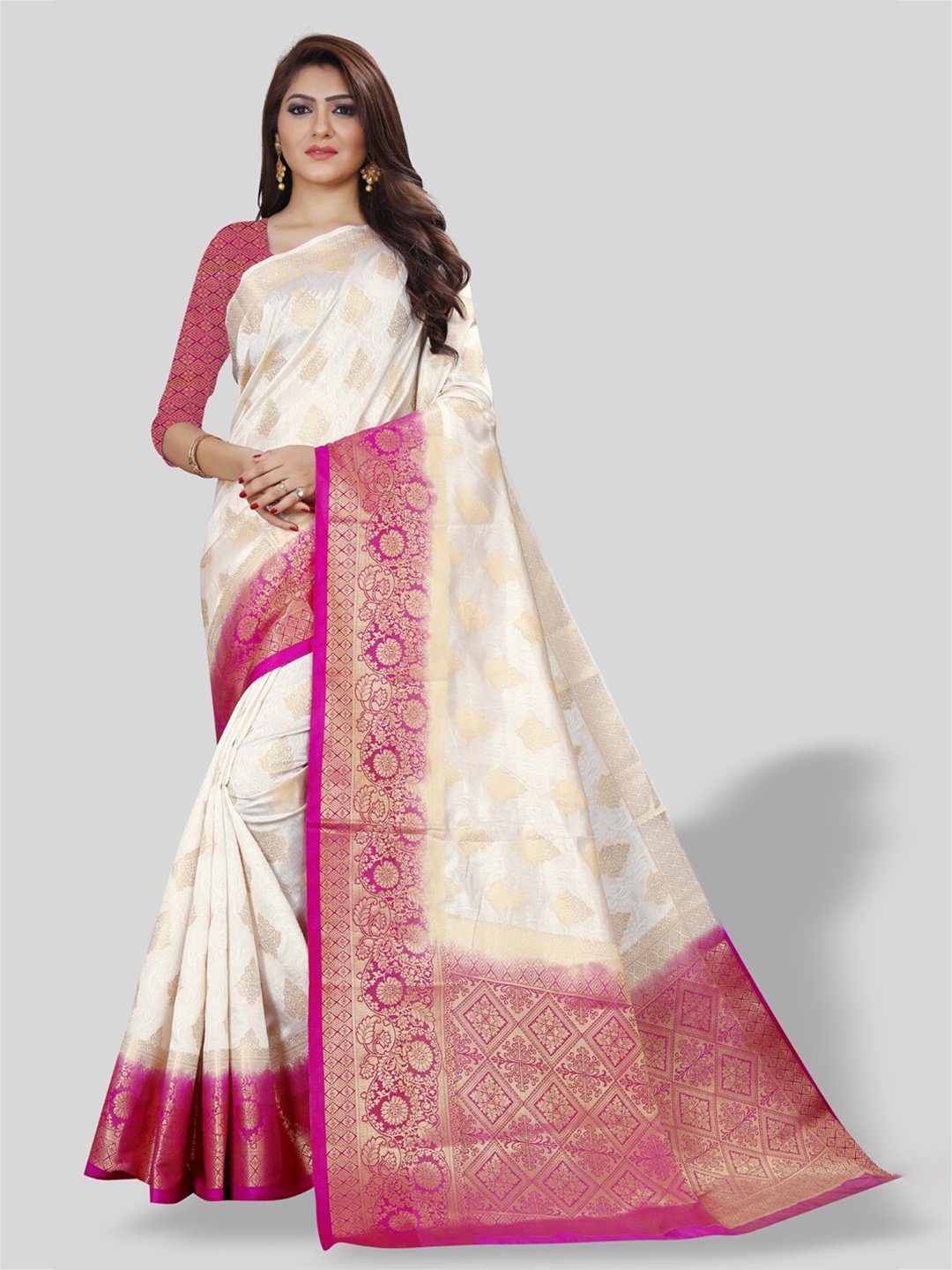 

ZEEPKART Ethnic Woven Design Zari Kanjeevaram Saree, White