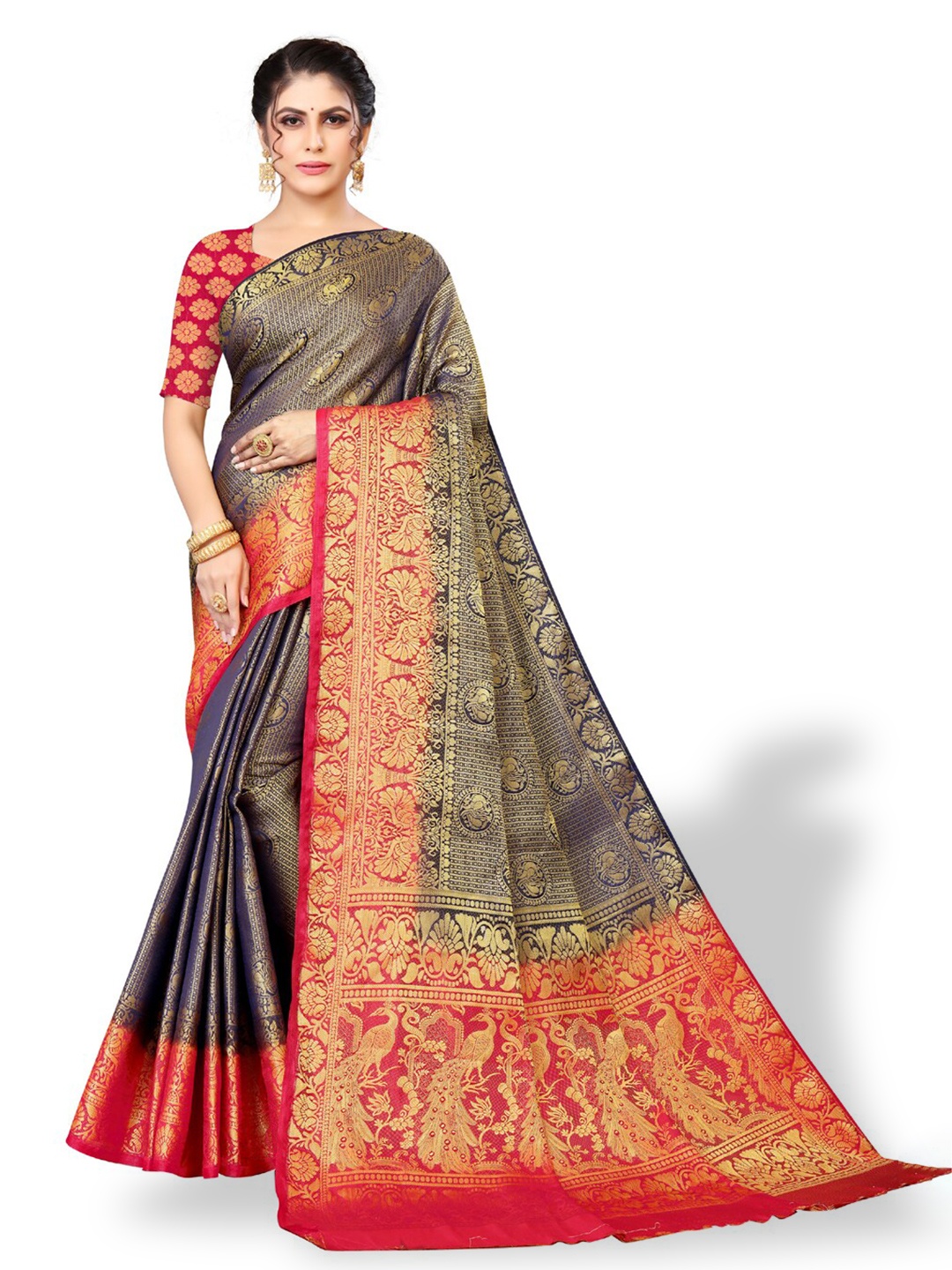 

ZEEPKART Ethnic Motifs Woven Design Zari Kanjeevaram Saree, Blue