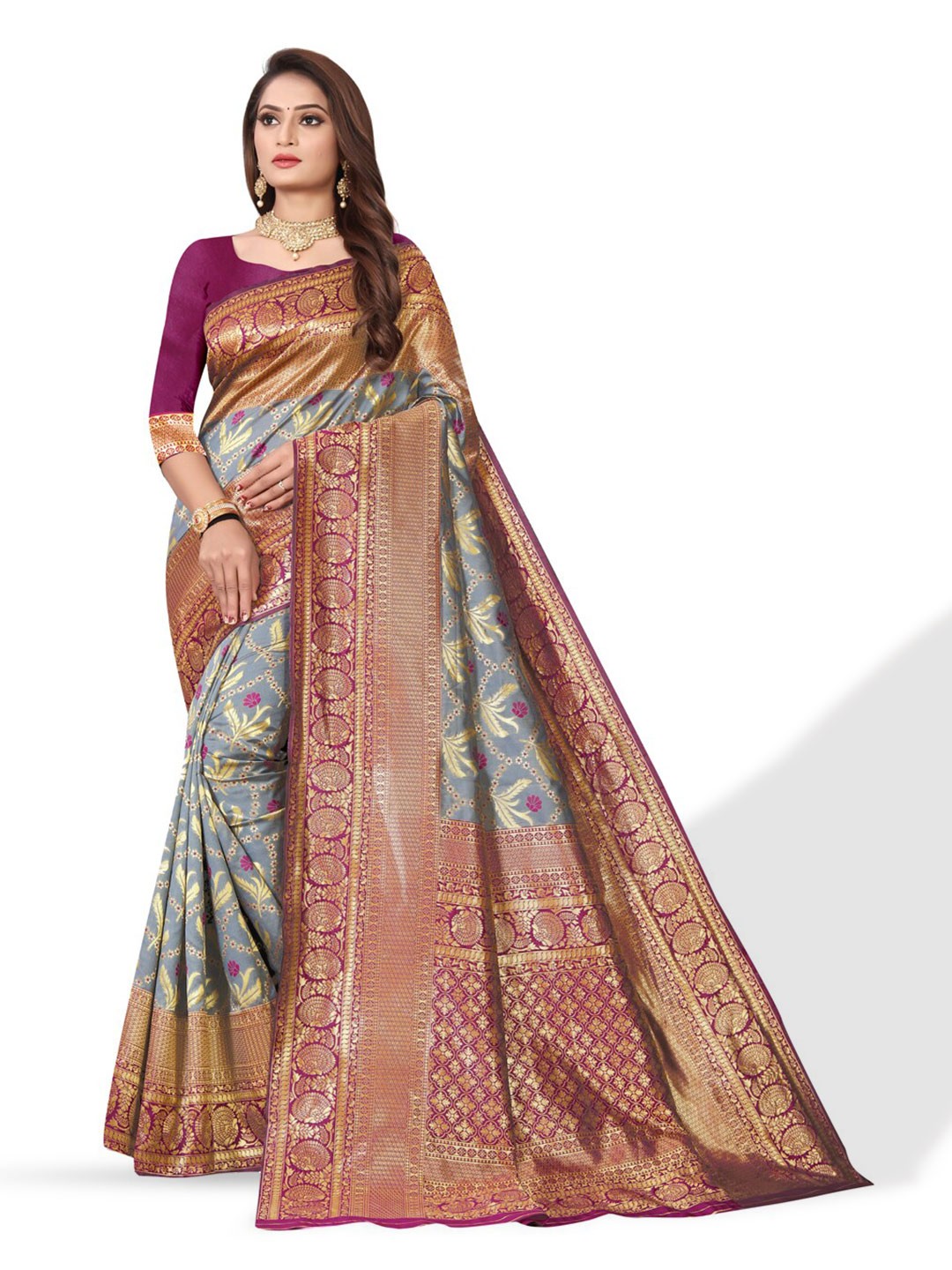 

ZEEPKART Ethnic Motifs Woven Design Zari Kanjeevaram Saree, Grey
