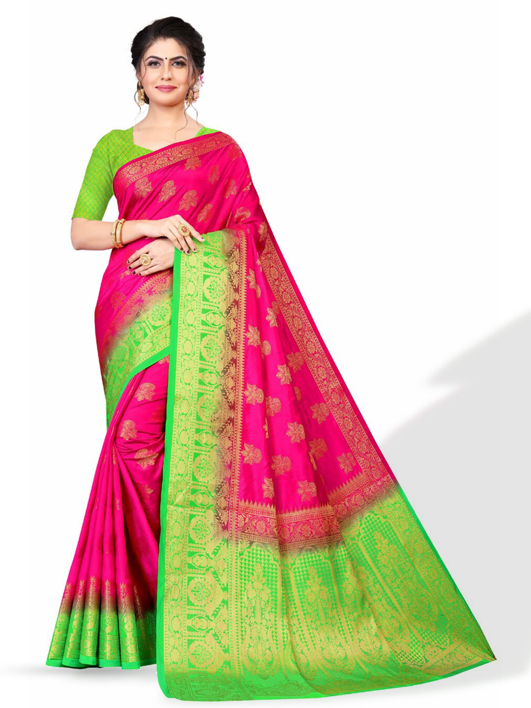 

ZEEPKART Ethnic Motifs Woven Design Zari Kanjeevaram Saree, Pink