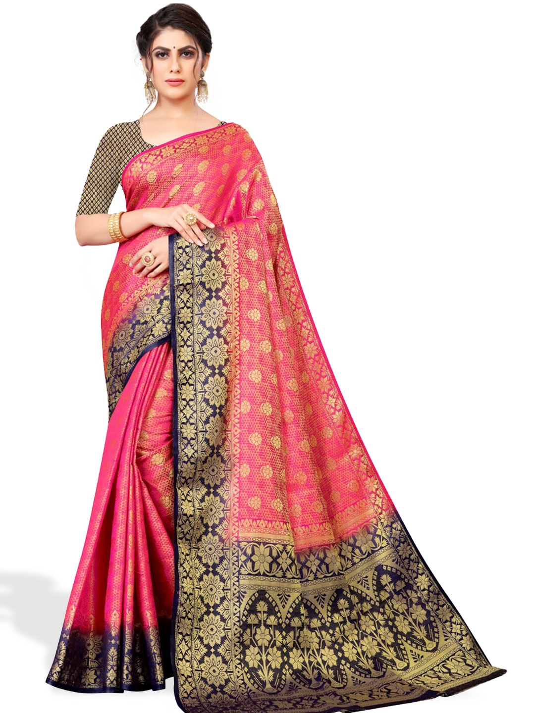 

ZEEPKART Ethnic Motifs Woven Design Zari Kanjeevaram Saree, Pink