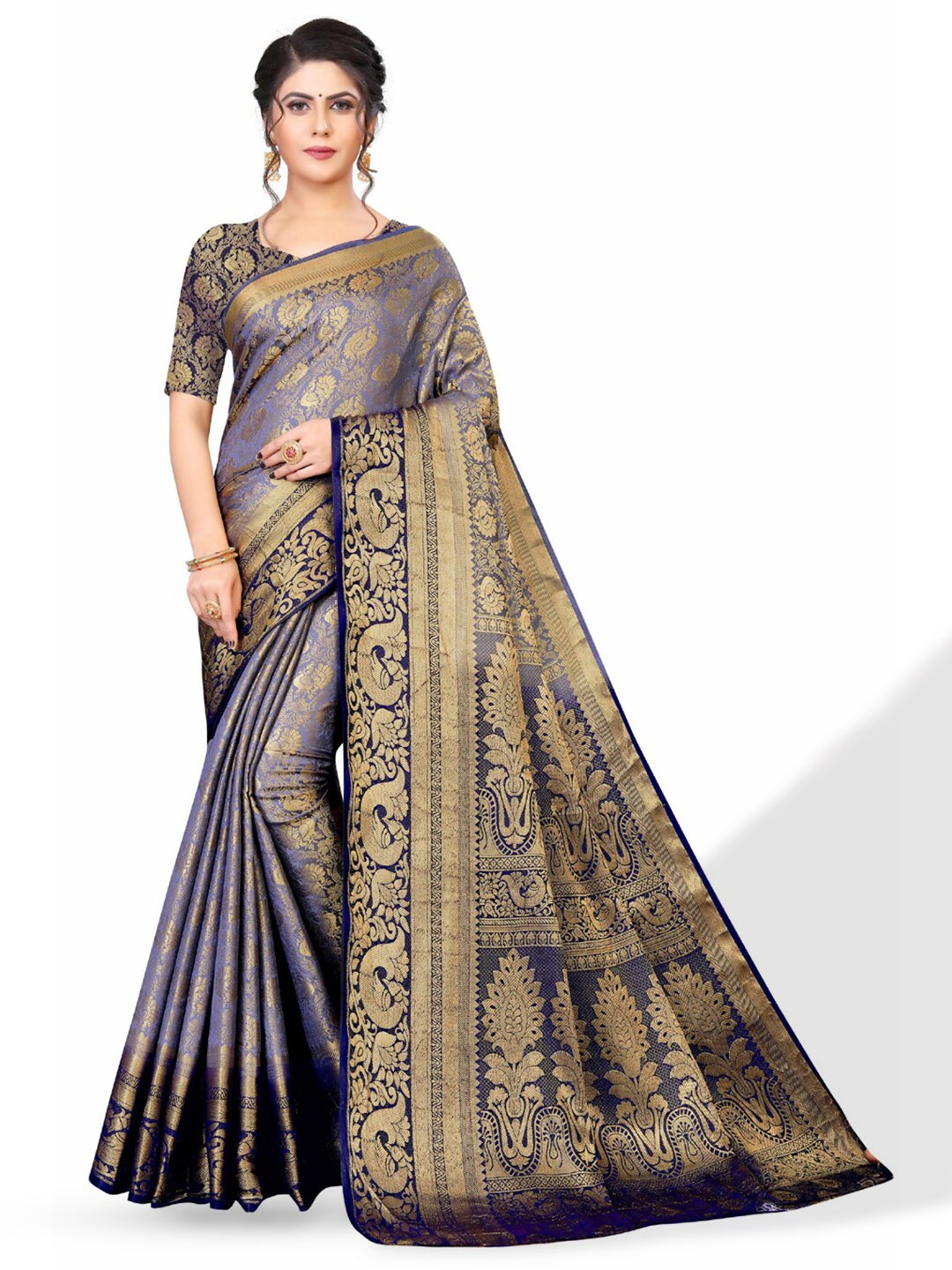 

ZEEPKART Ethnic Motifs Woven Design Zari Kanjeevaram Saree, Grey