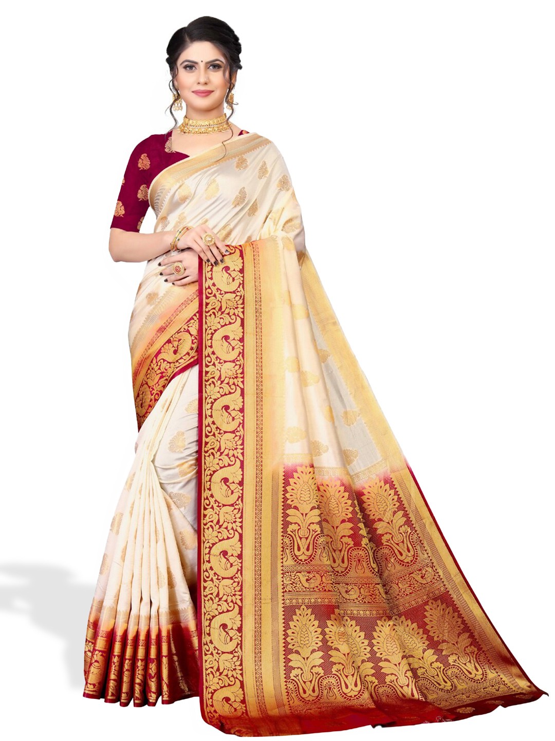 

ZEEPKART Ethnic Motifs Woven Design Zari Kanjeevaram Saree, White