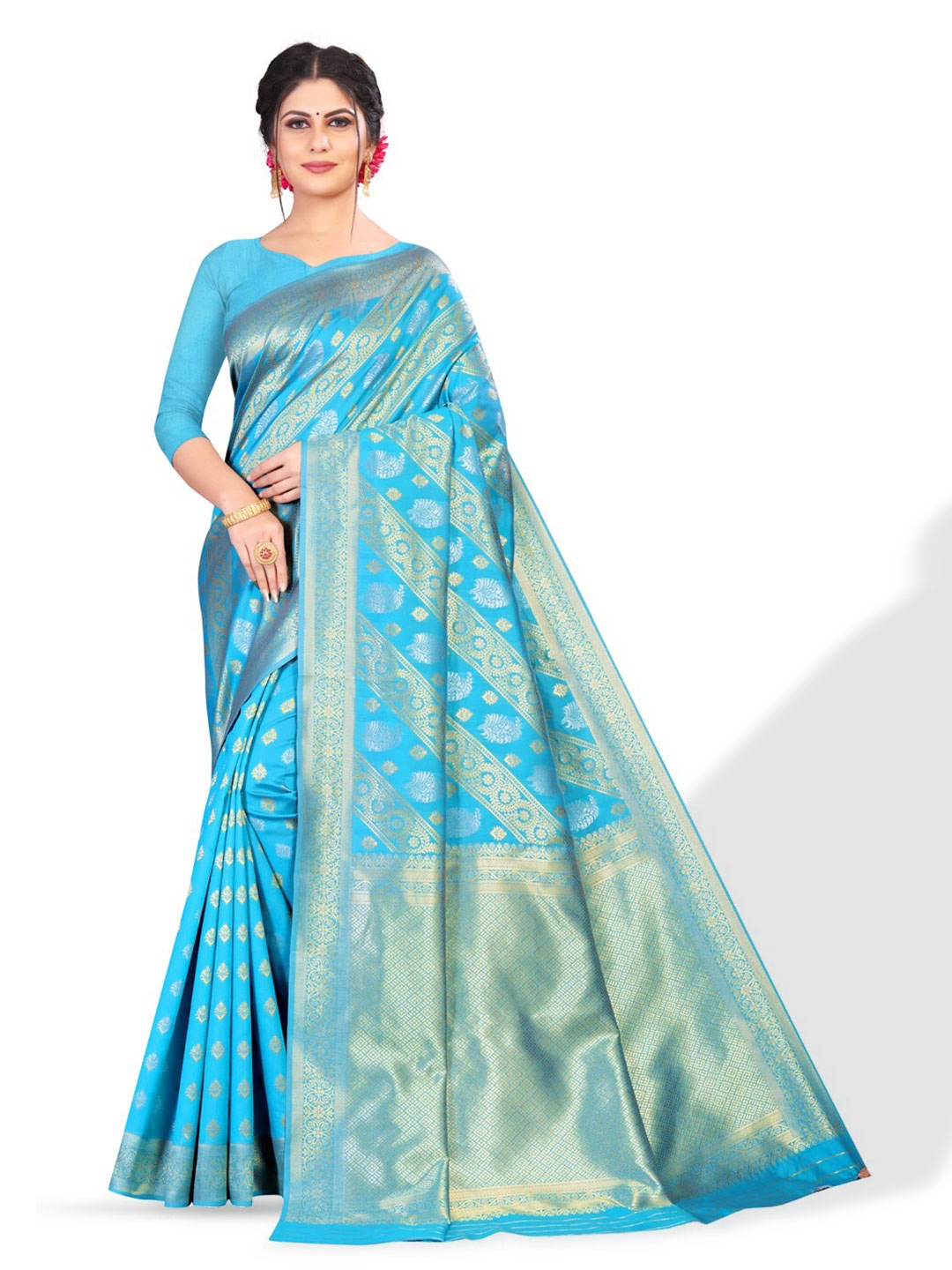 

ZEEPKART Ethnic Motifs Woven Design Zari Kanjeevaram Saree, Blue