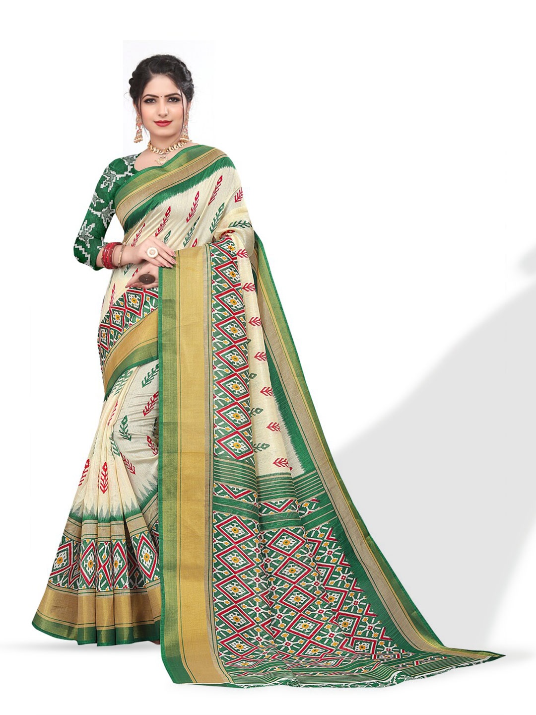 

ZEEPKART Geometric Printed Poly Silk Kanjeevaram Saree, Cream