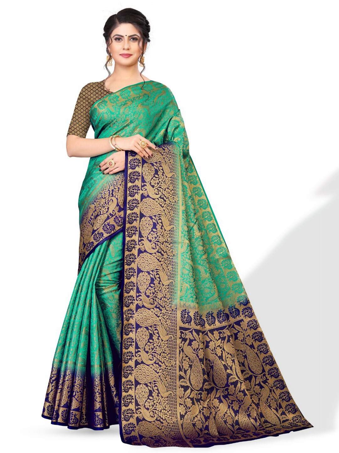 

ZEEPKART Ethnic Motifs Woven Design Zari Kanjeevaram Saree, Green