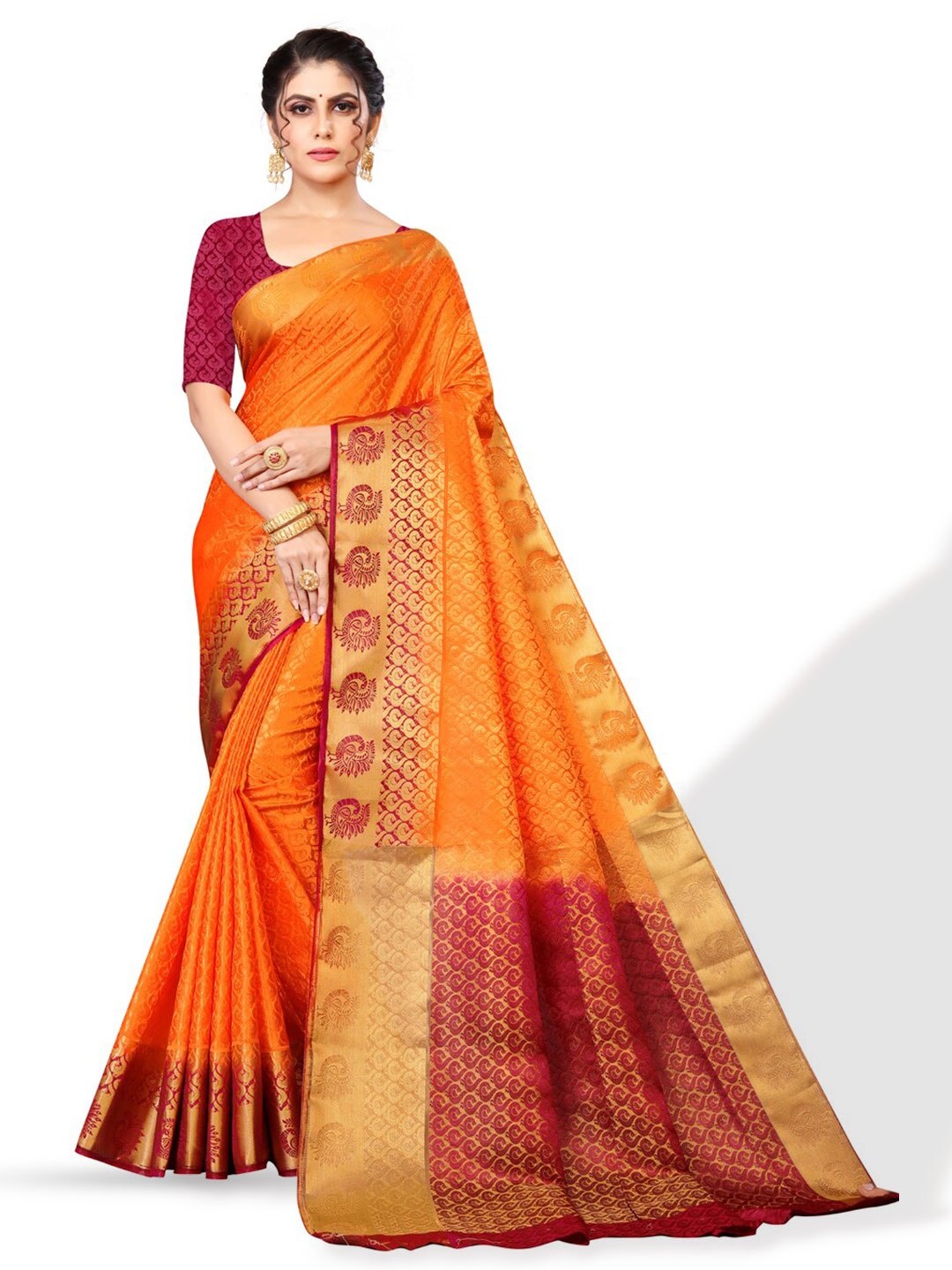 

ZEEPKART Ethnic Motifs Woven Design Zari Kanjeevaram Saree, Orange