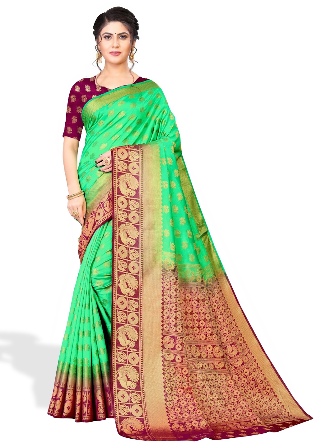 

ZEEPKART Ethnic Motifs Woven Design Zari Kanjeevaram Saree, Green