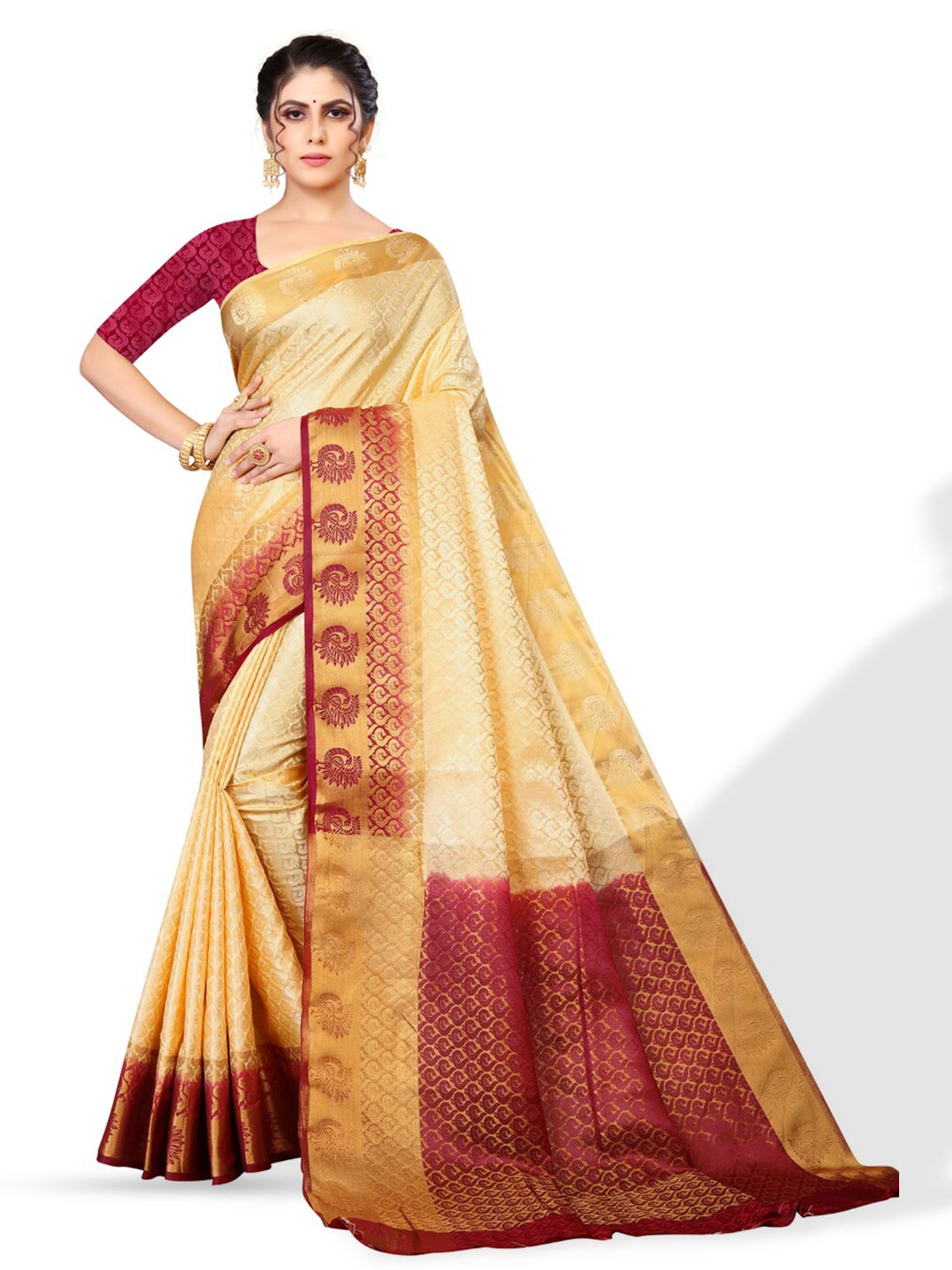 

ZEEPKART Woven Design Zari Kanjeevaram Saree, Cream