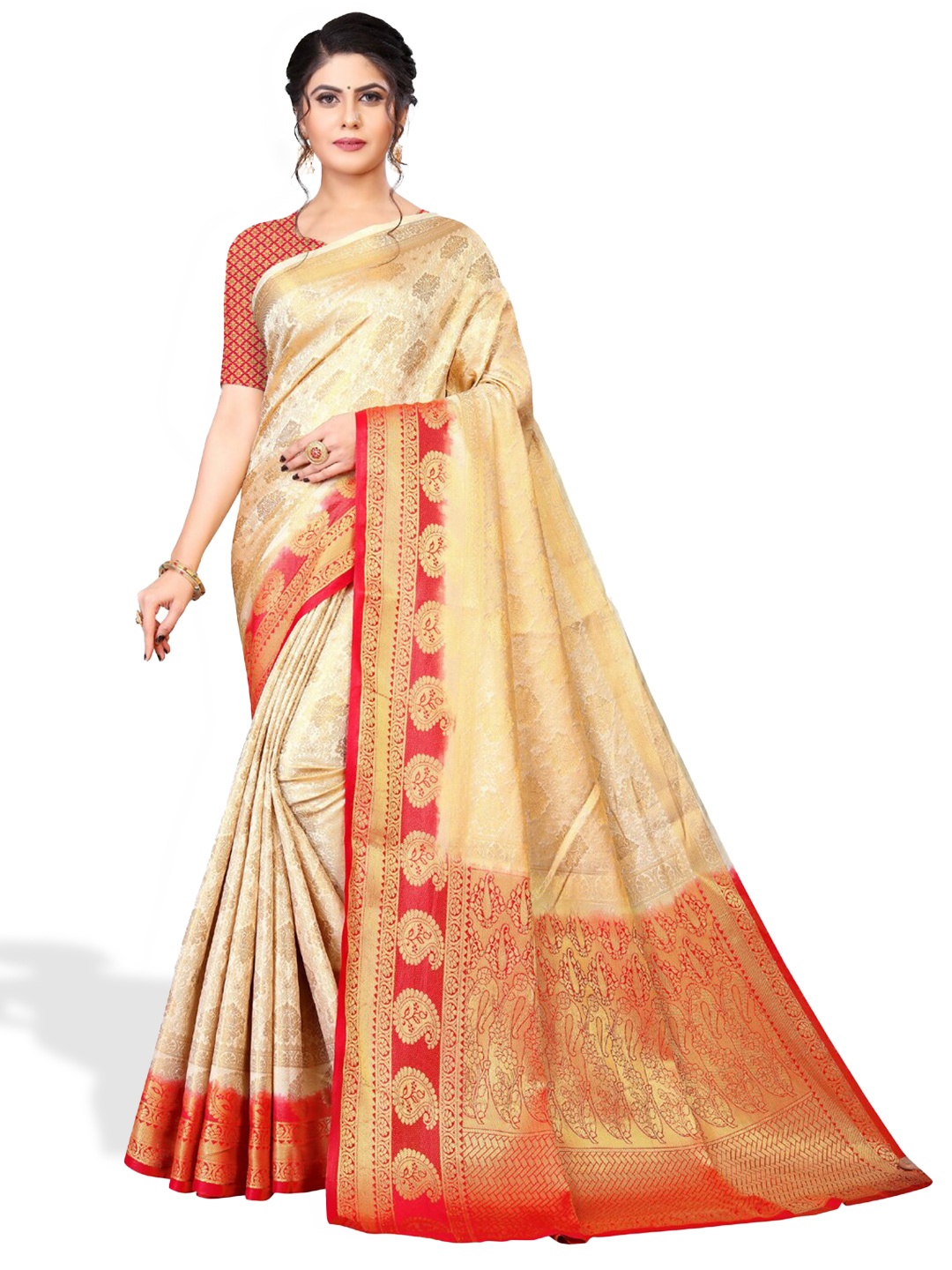 

ZEEPKART Ethnic Motif Woven Design Zari Kanjeevaram Saree, White