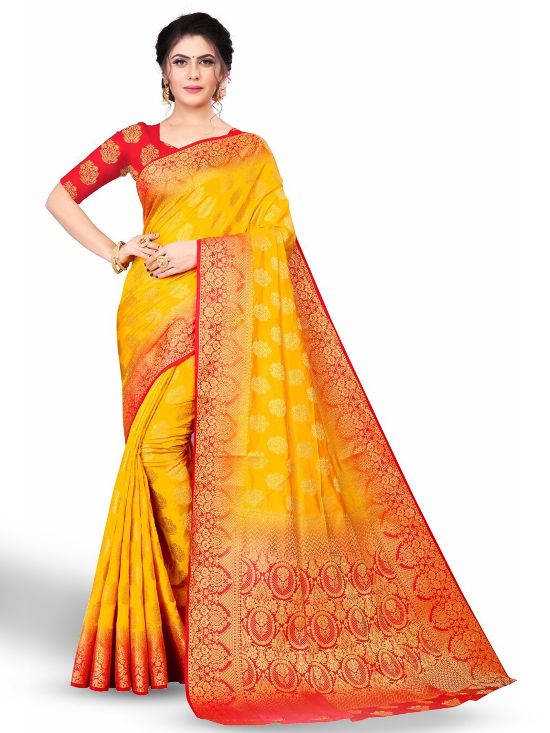 

ZEEPKART Ethnic Motifs Woven Design Zari Kanjeevaram Saree, Gold