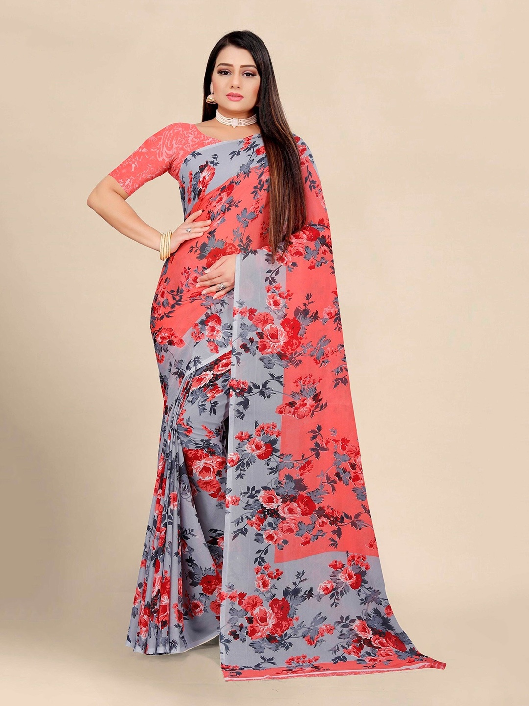 

ZEEPKART Floral Printed Saree, Red