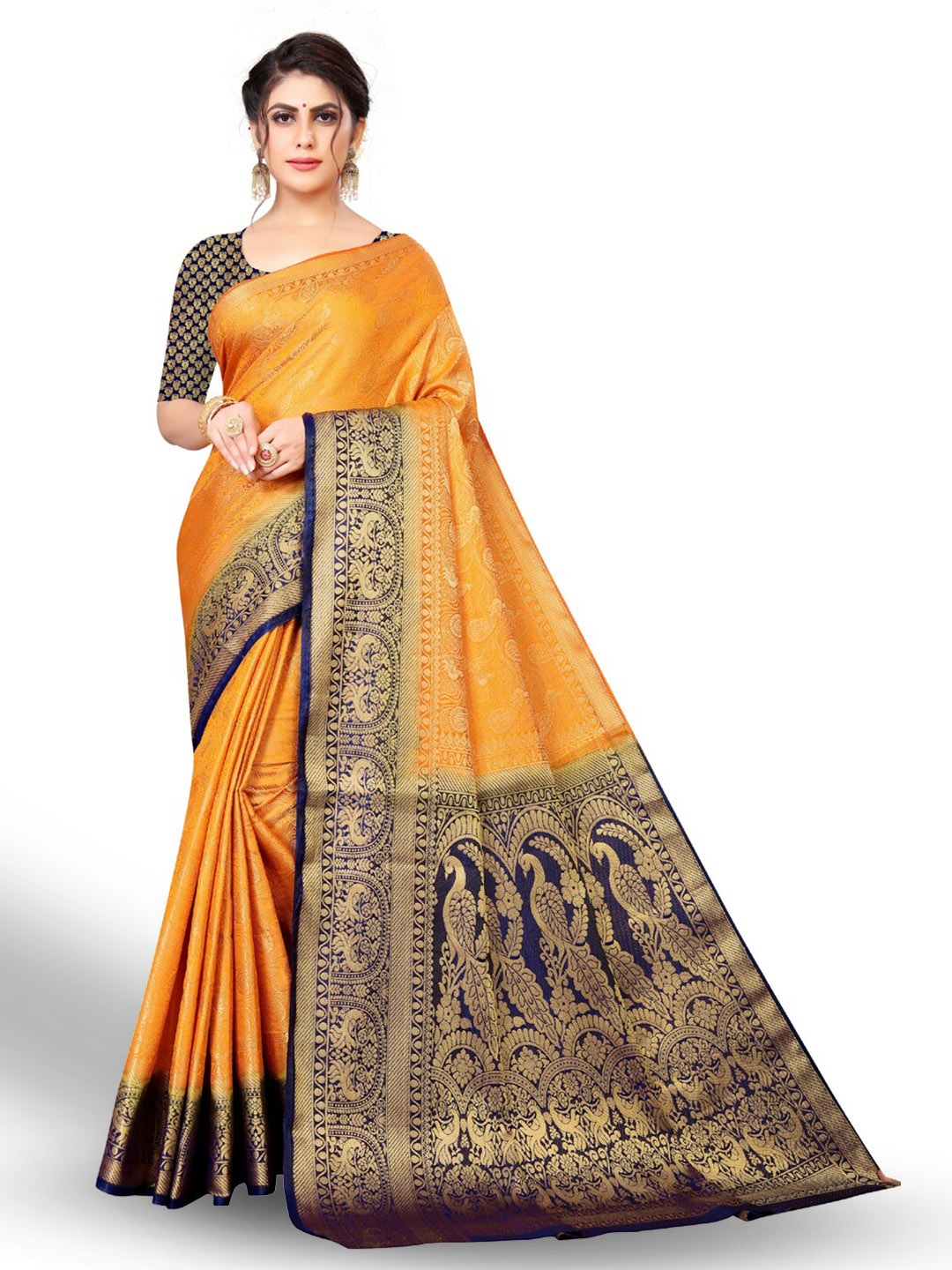 

ZEEPKART Ethnic Motifs Woven Design Zari Kanjeevaram Saree, Yellow