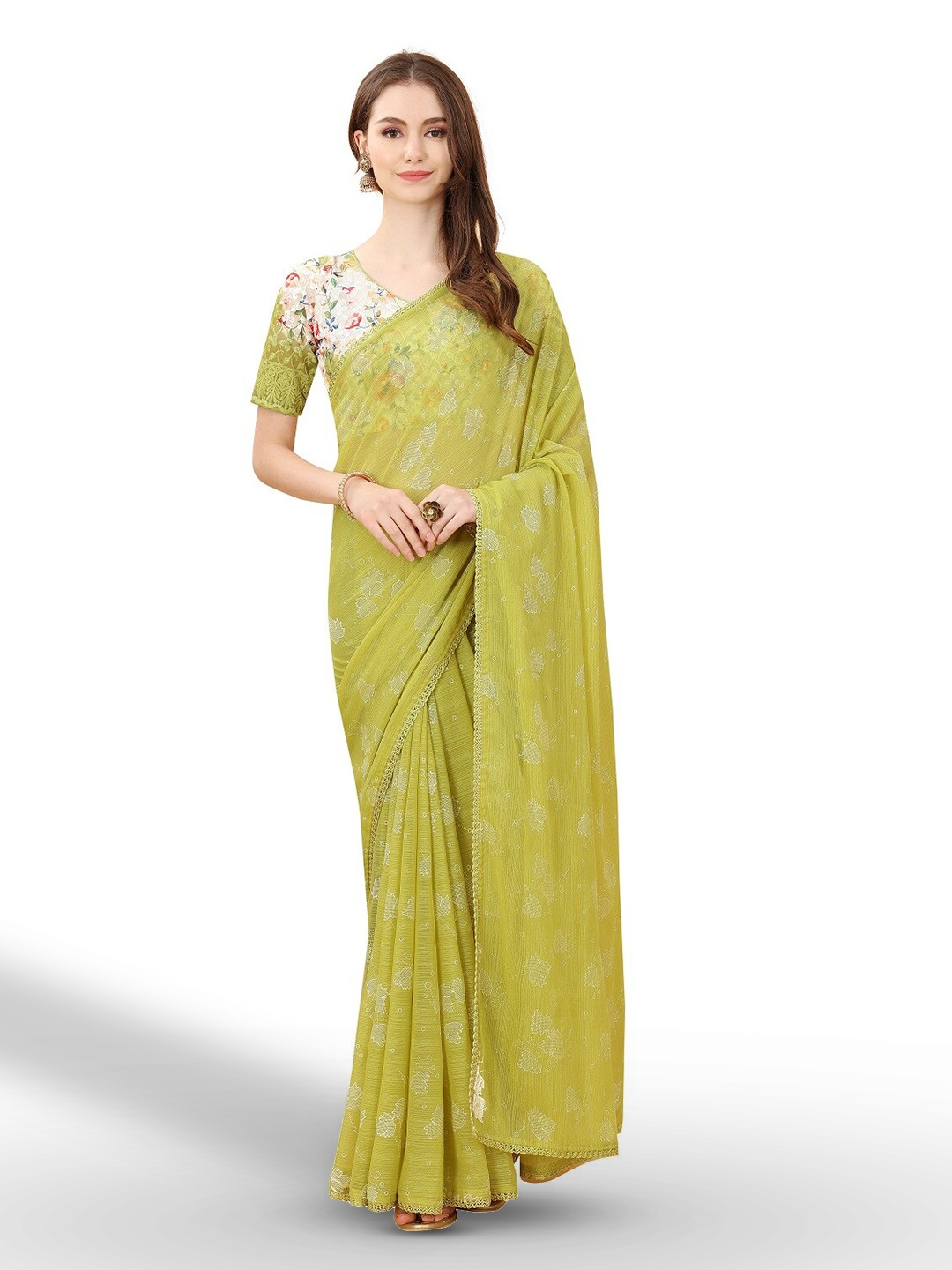 

ZEEPKART Floral Printed Embroidered Border Saree, Green