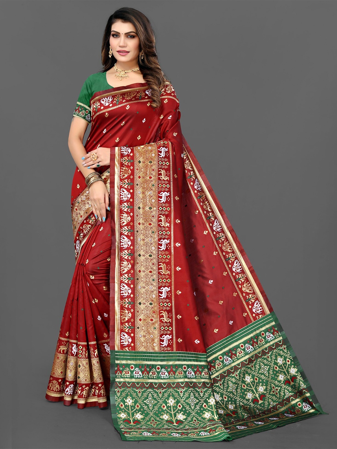 

ZEEPKART Ethnic Motifs Woven Design Poly Silk Kanjeevaram Saree, Red