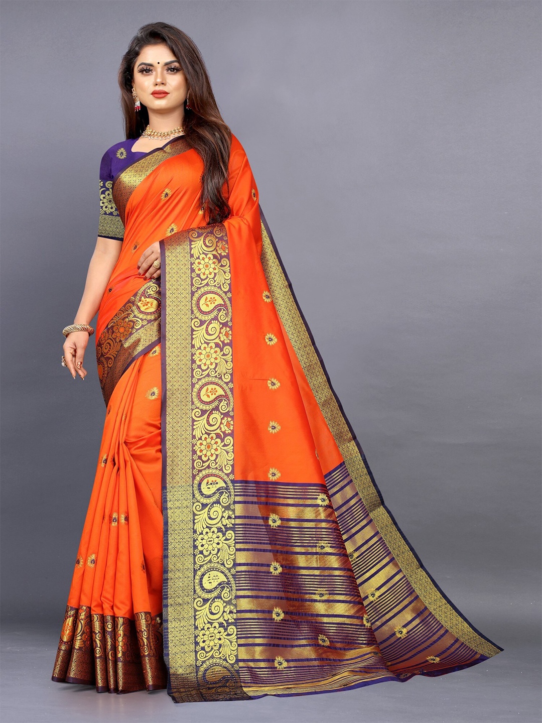 

ZEEPKART Woven Design Zari Kanjeevaram Saree, Orange