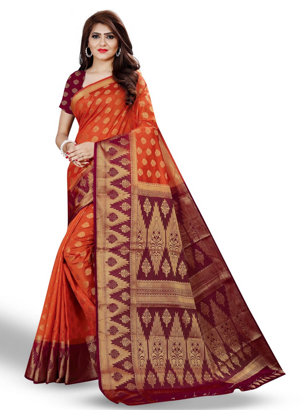 

ZEEPKART Ethnic Motifs Woven Design Zari Kanjeevaram Saree, Orange