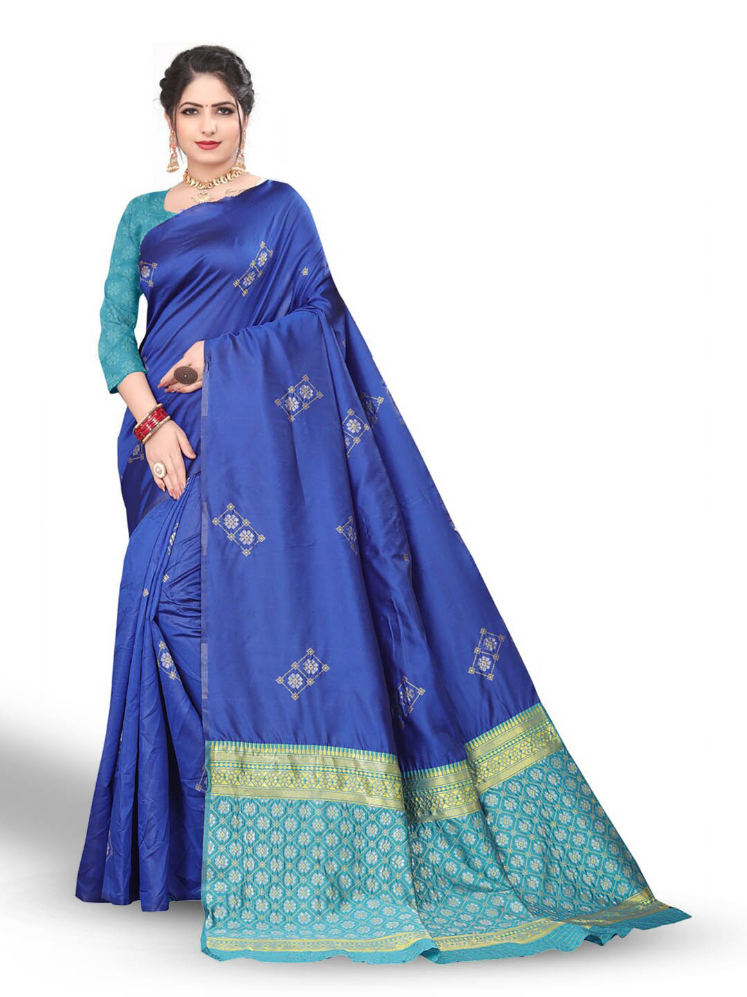 

ZEEPKART Geometric Woven Design Zari Kanjeevaram Saree, Blue