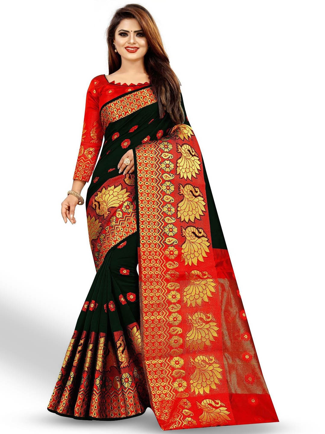 

ZEEPKART Floral Woven Design Zari Kanjeevaram Saree, Black