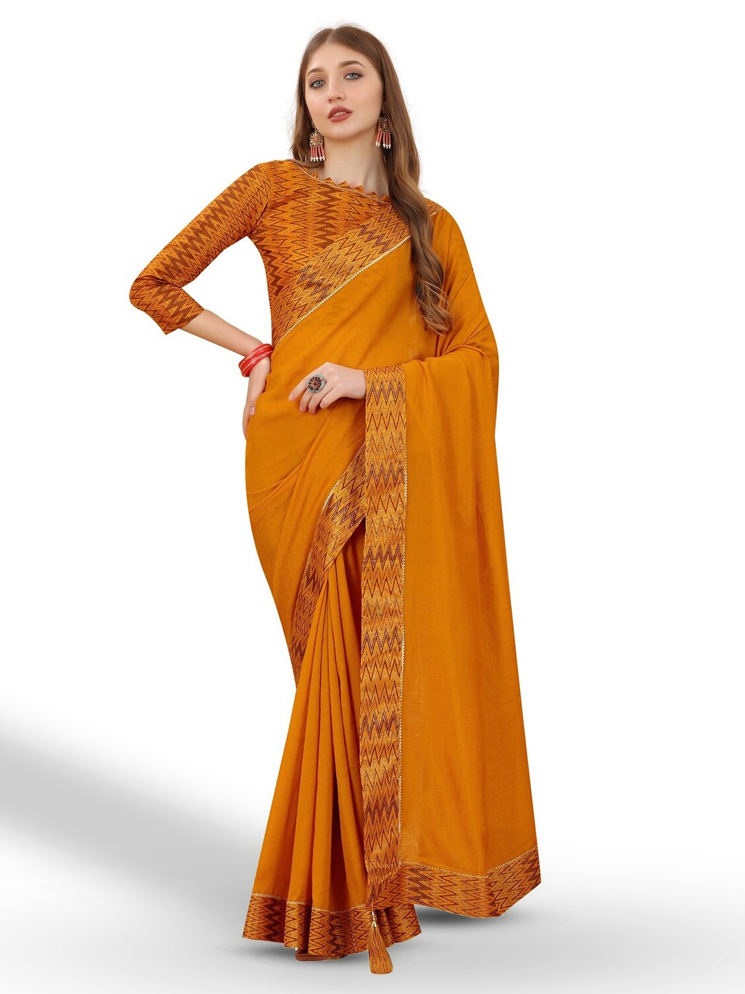 

ZEEPKART Geometric Designed Zari Border Saree, Mustard