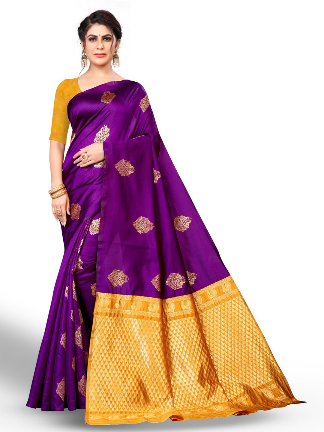

ZEEPKART Ethnic Motifs Woven Design Poly Silk Kanjeevaram Saree, Purple