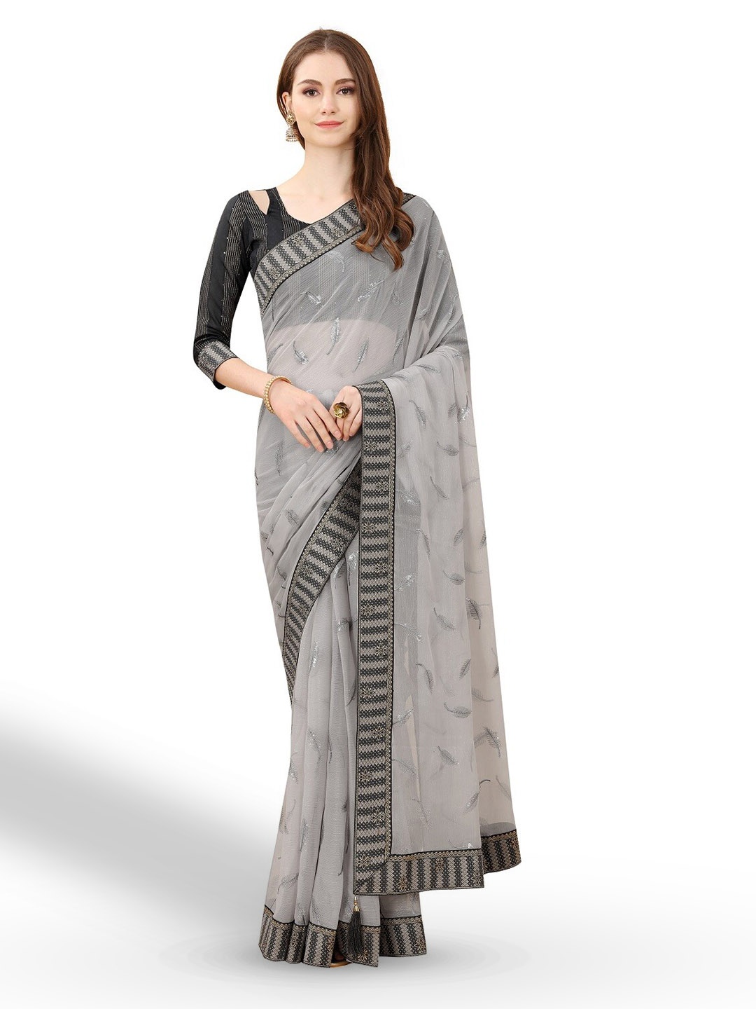 

ZEEPKART Floral Woven Design Sequinned Saree, Grey