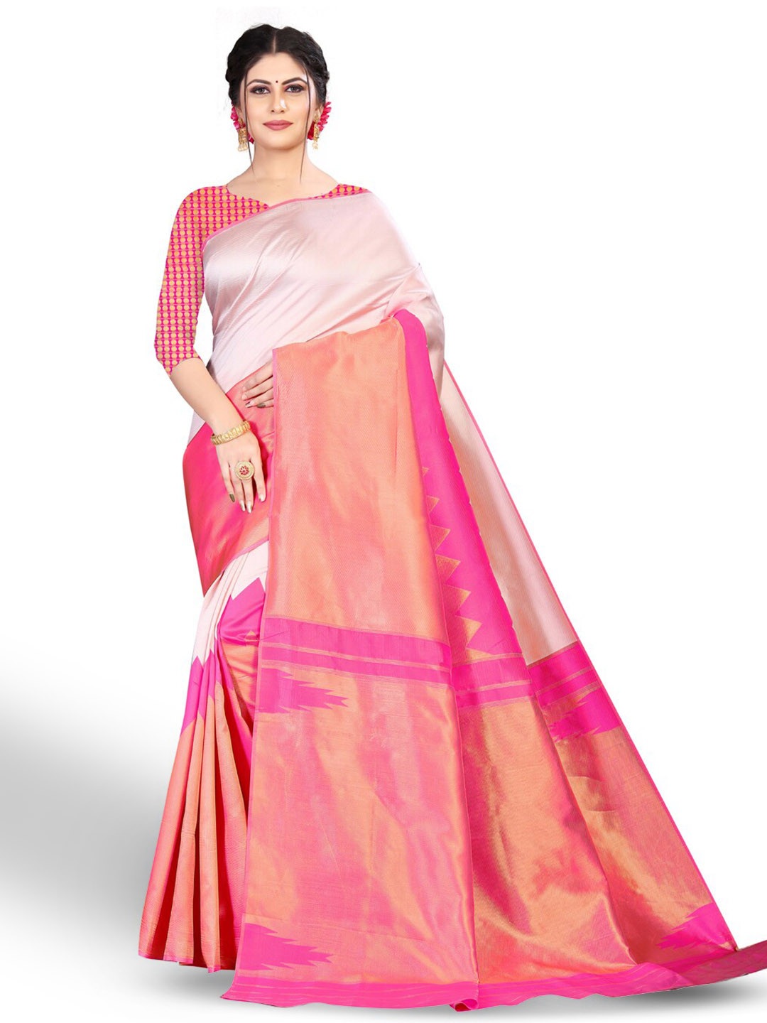 

ZEEPKART Geometric Printed Woven Design Zari Kanjeevaram Saree, White