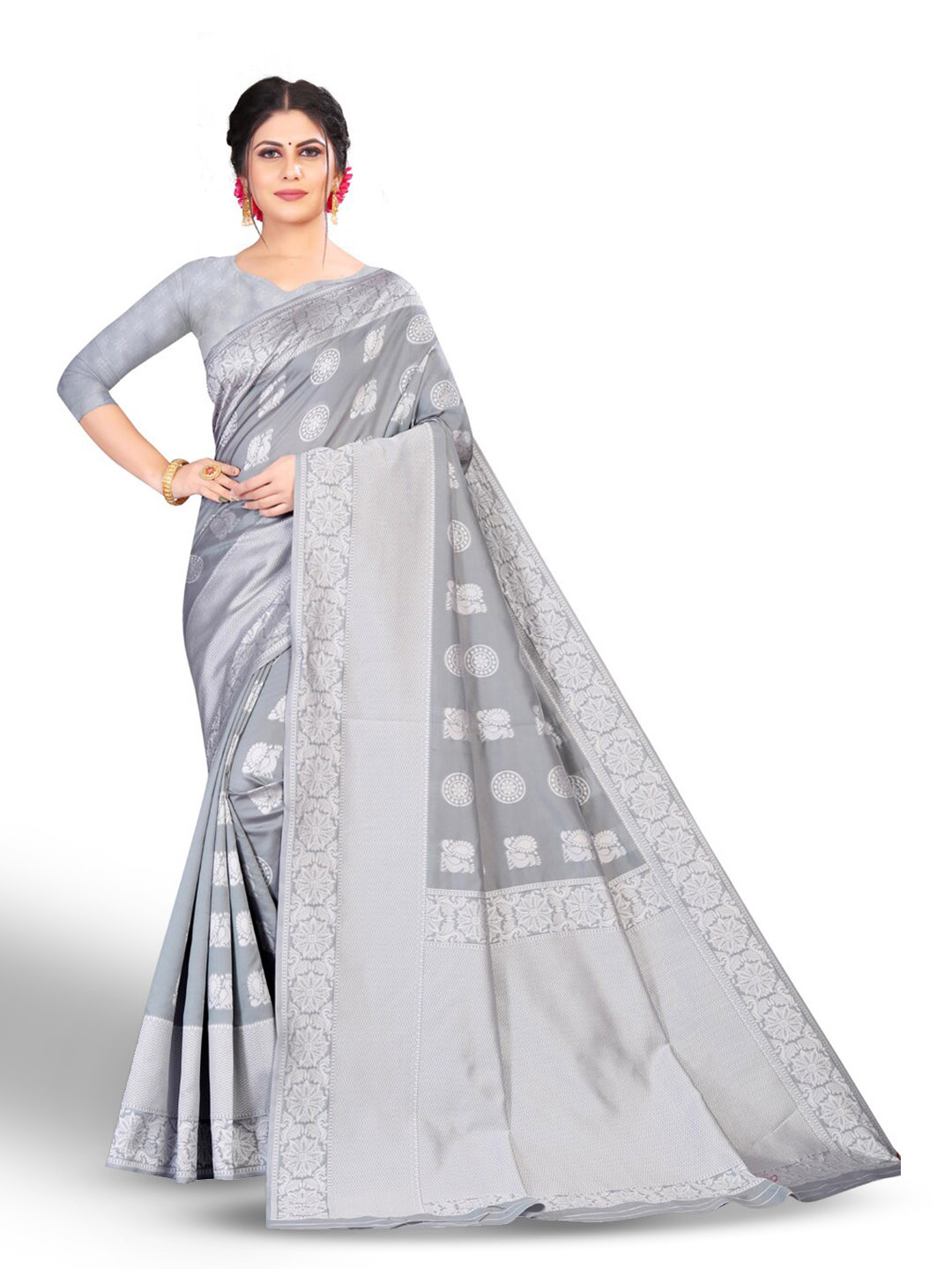 

ZEEPKART Ethnic Motifs Woven Design Zari Kanjeevaram Saree, Grey