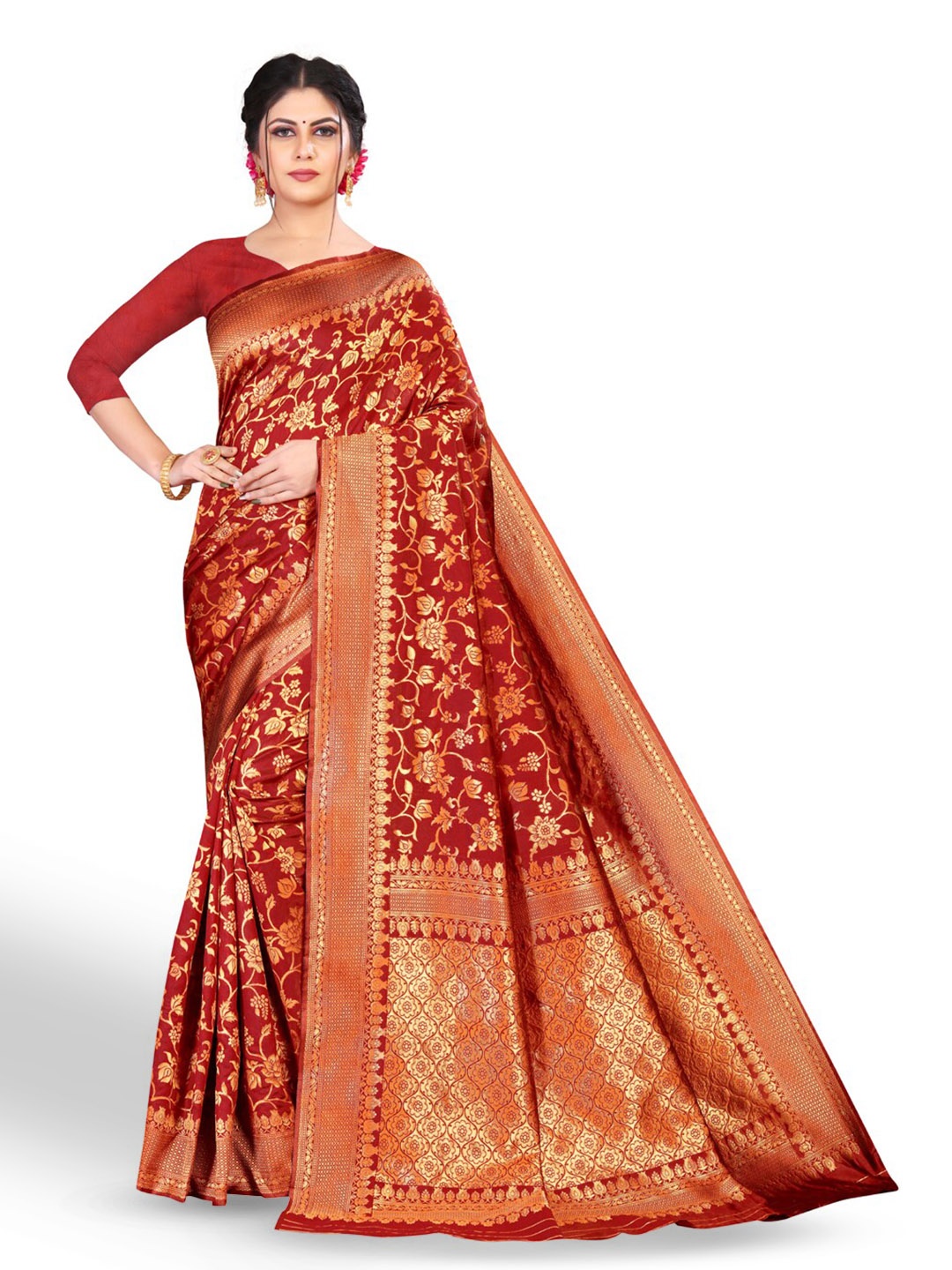 

ZEEPKART Floral Woven Design Zari Kanjeevaram Saree, Maroon