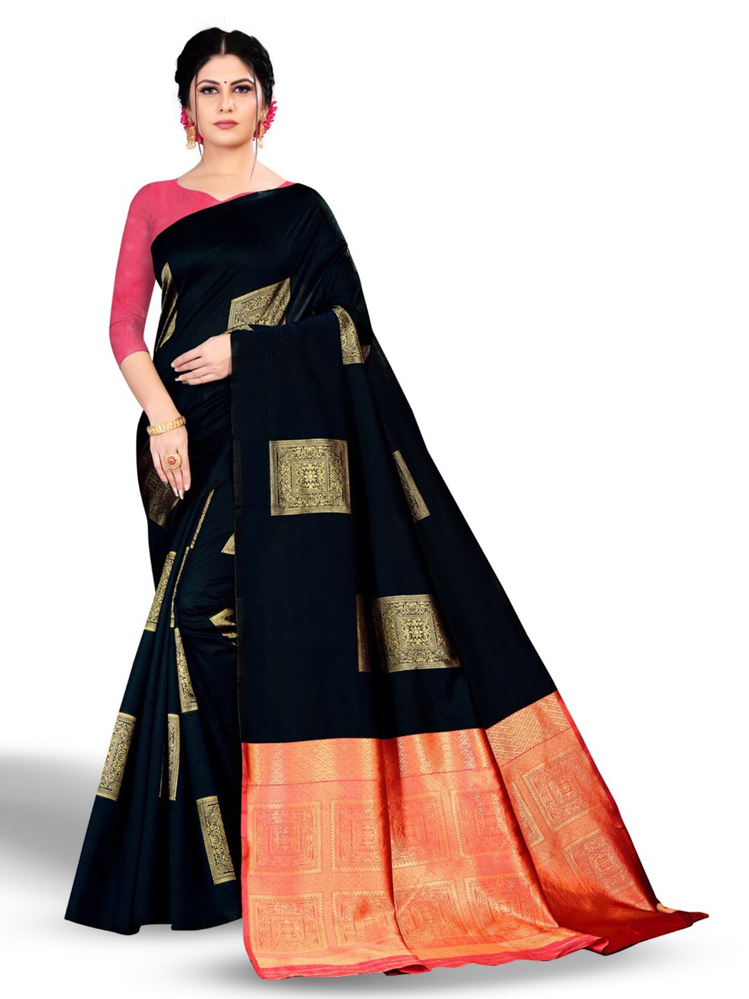 

ZEEPKART Floral Woven Design Zari Kanjeevaram Saree, Black