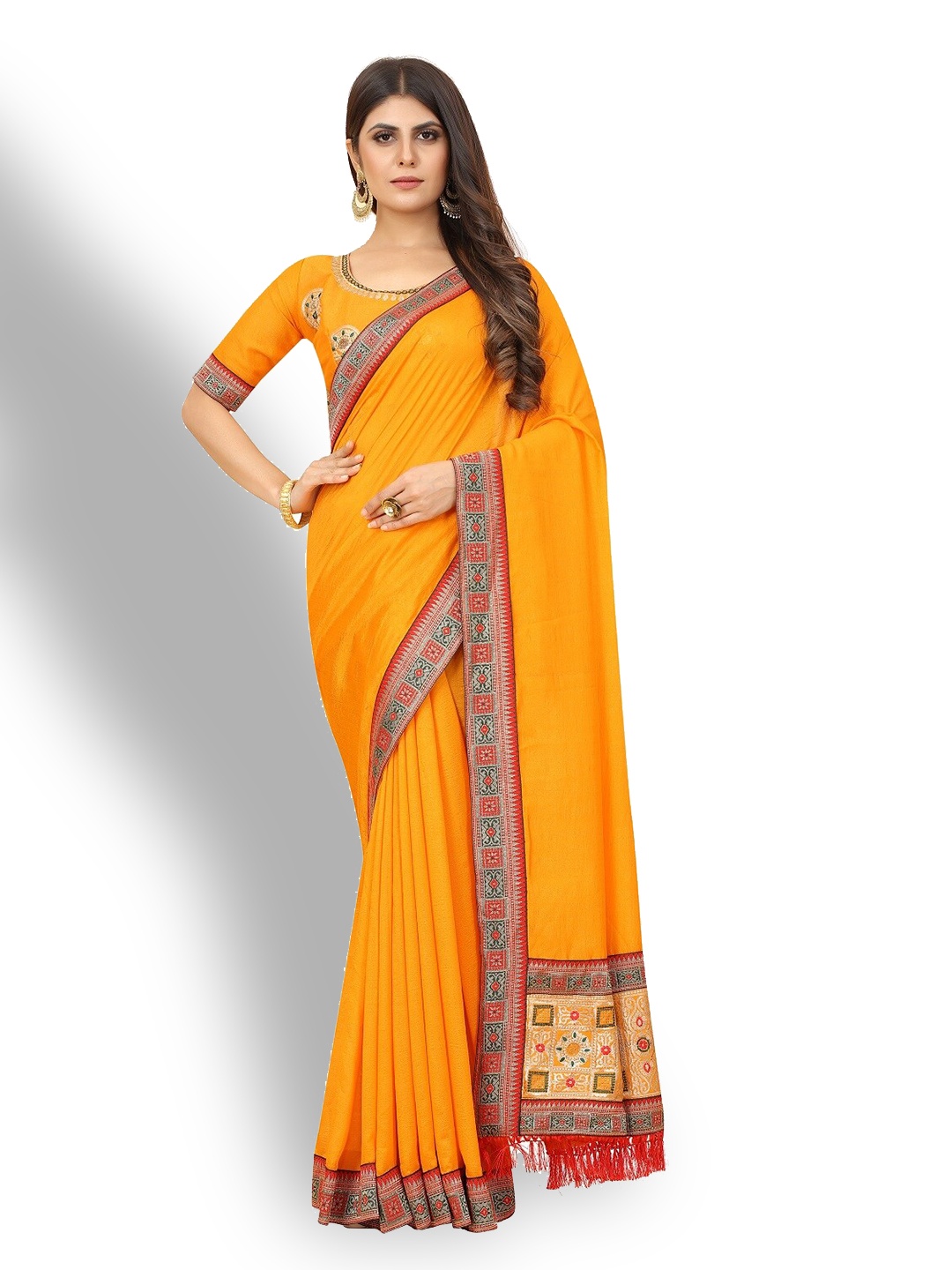 

ZEEPKART Woven Design Border Zari Poly Silk Saree, Yellow