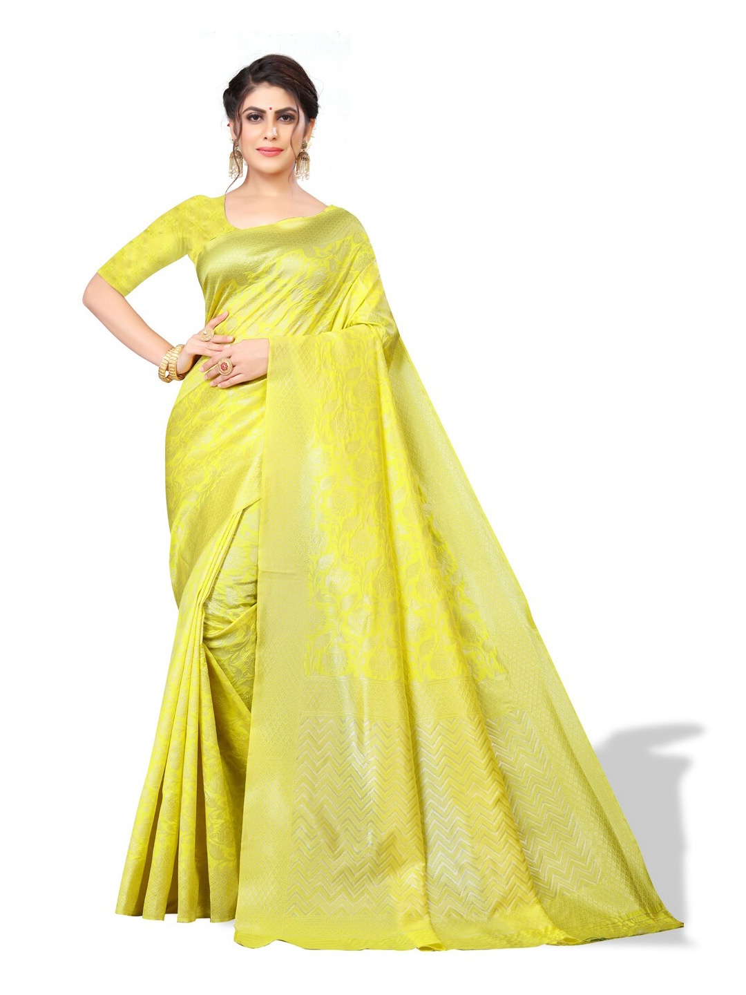 

ZEEPKART Floral Design Woven Design Zari Saree, Yellow
