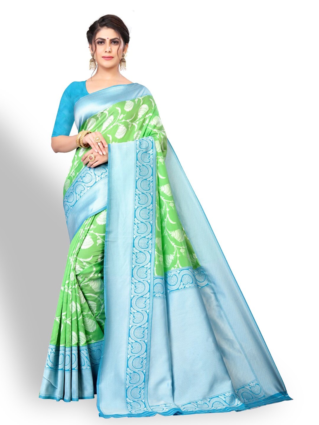 

ZEEPKART Ethnic Motifs Woven Design Zari Kanjeevaram Saree, Green